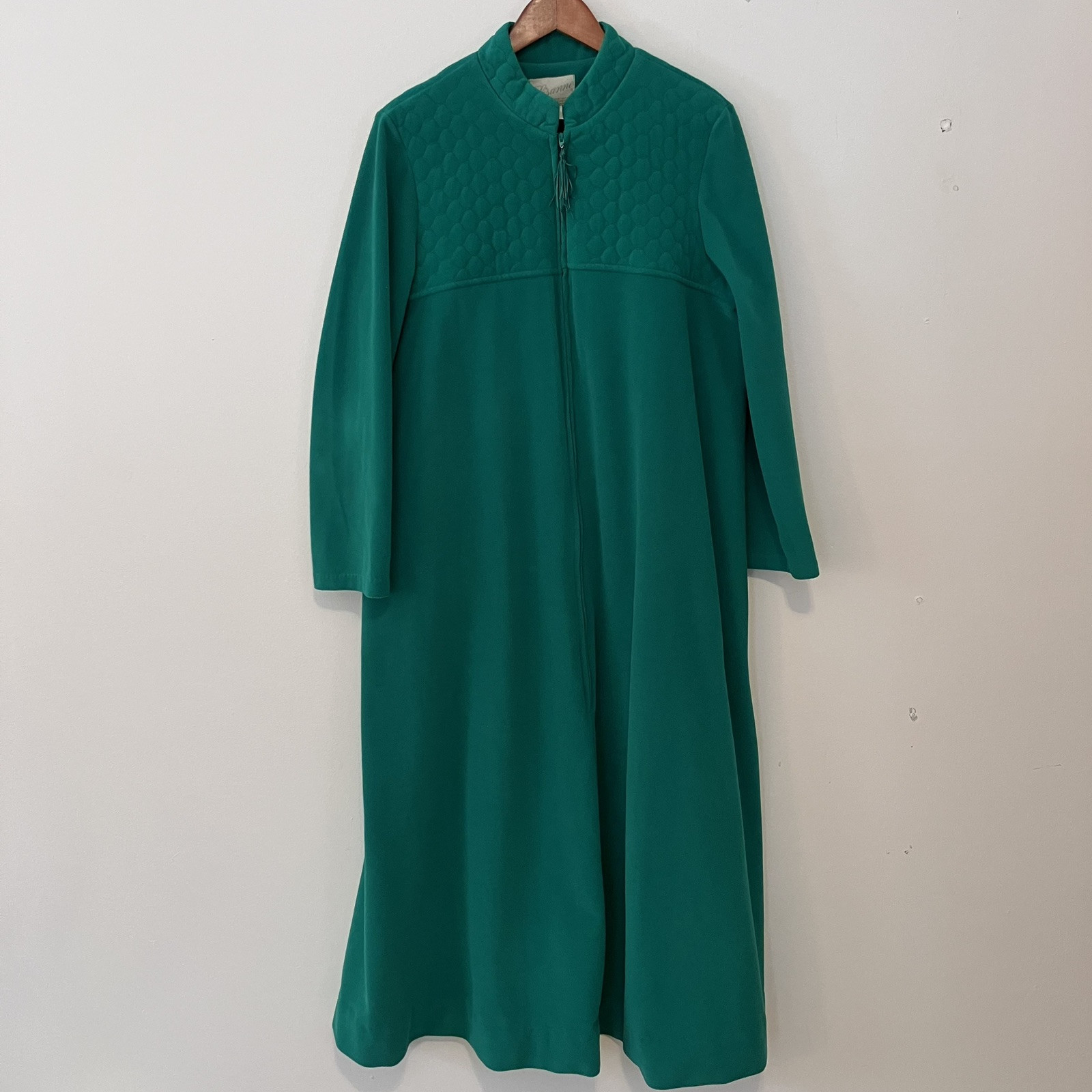 VTG 70s LISANNE Kelly Green Loungewear 3/4 Zip Velour Robe Sz. L Quilted Top