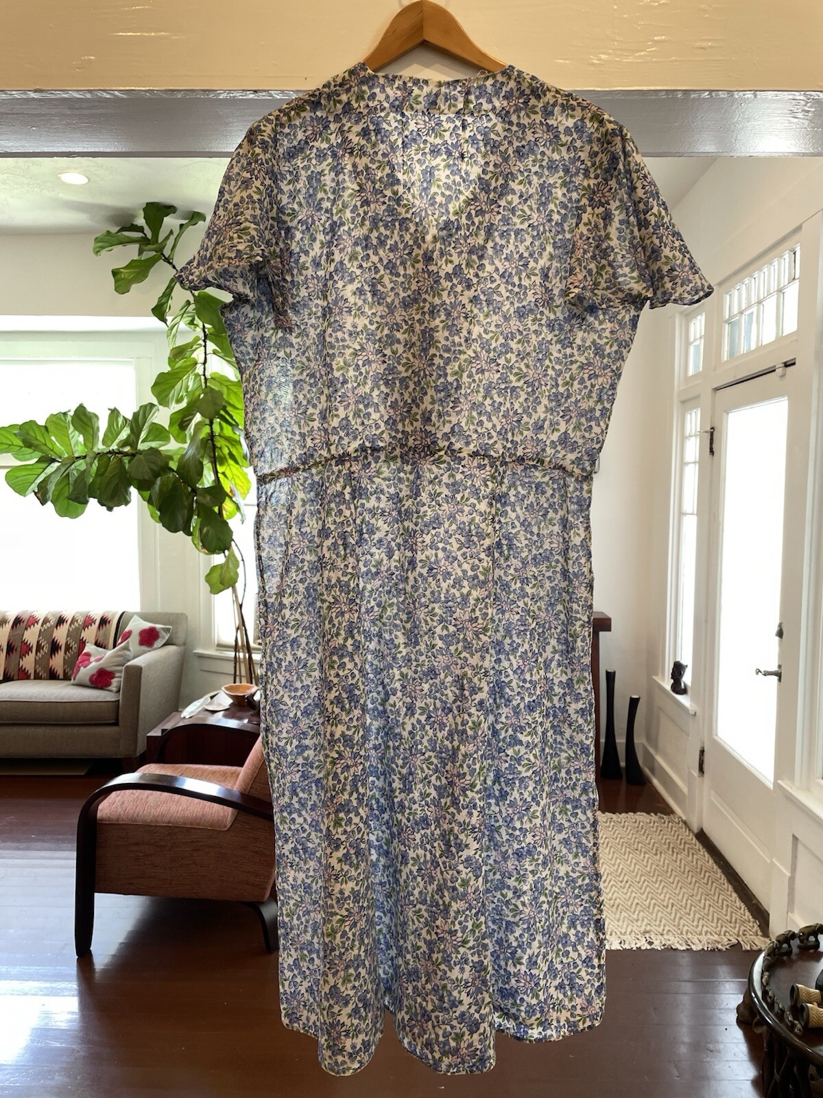VTG 40s Day Dress White W/Blue Pink Floral Print 100% Cotton 36 Waist (Many Flaw