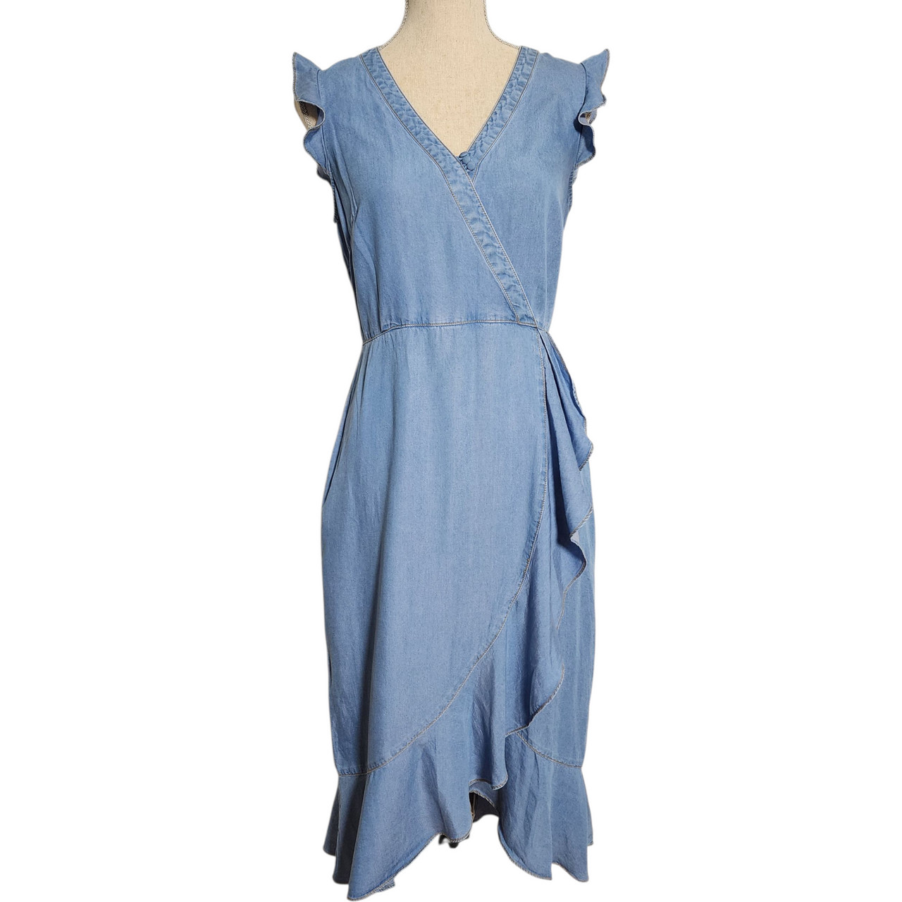 Karl Lagerfeld Paris Denim Midi Dress Women’s Size 6 Blue Lyocell Ruffle Wrap…