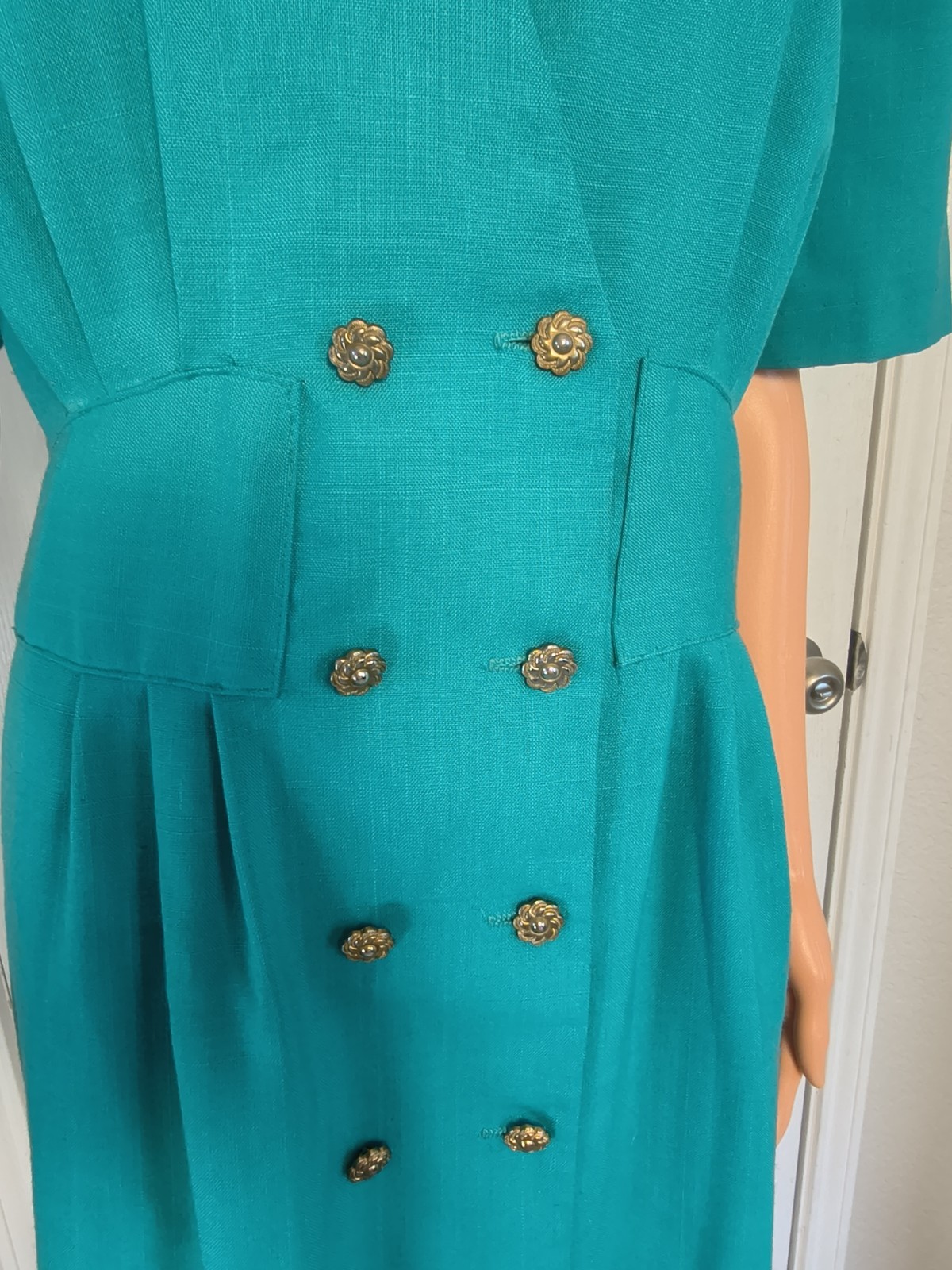 Vintage 90s Pleated Pencil Dress Teal Size 16 Midlength Preppy Stretch Waist P41