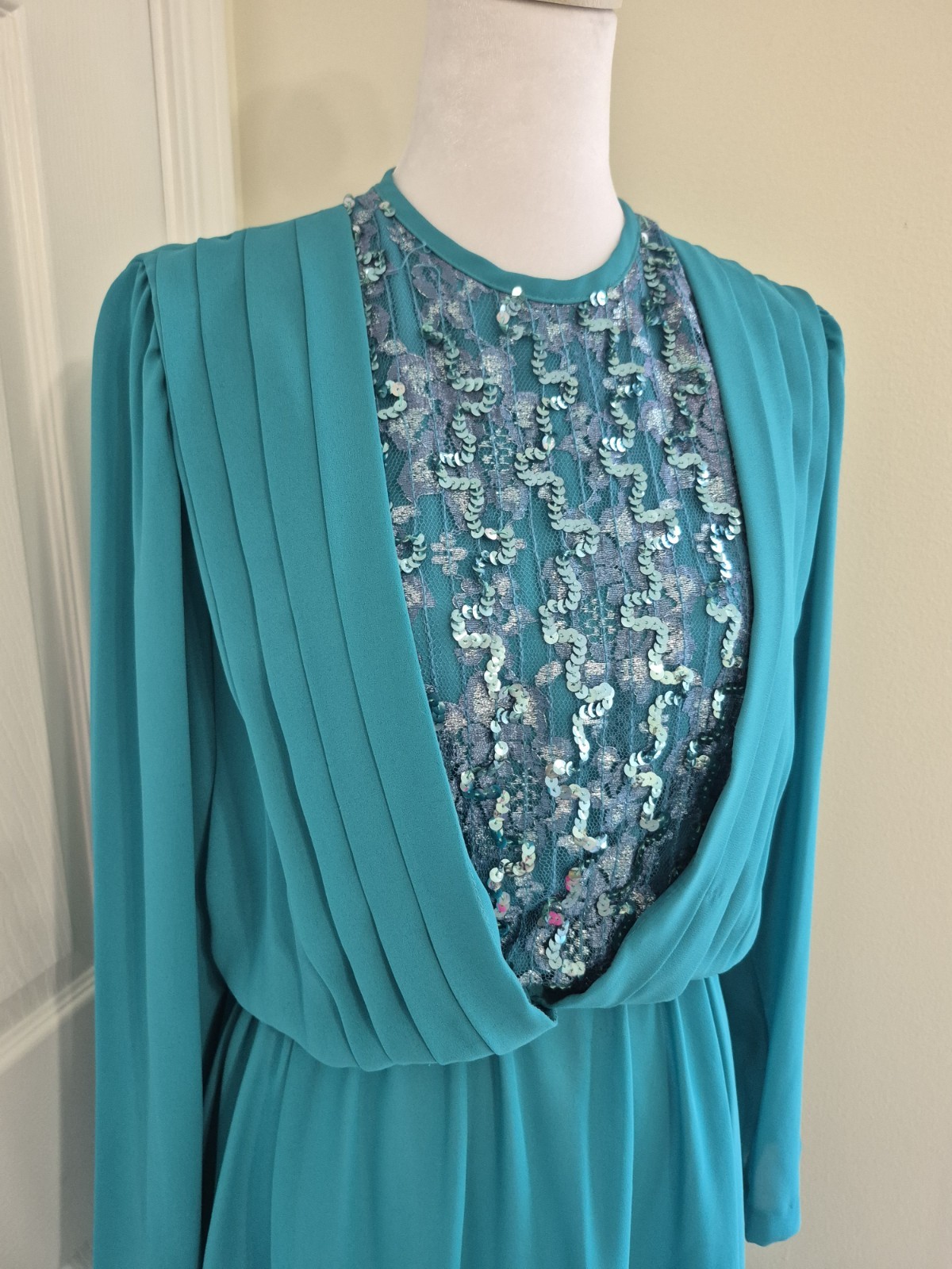 Vintage 70s 80s Cathy Sue Teal Sequin Illusion Midi Dress Pleated M/L