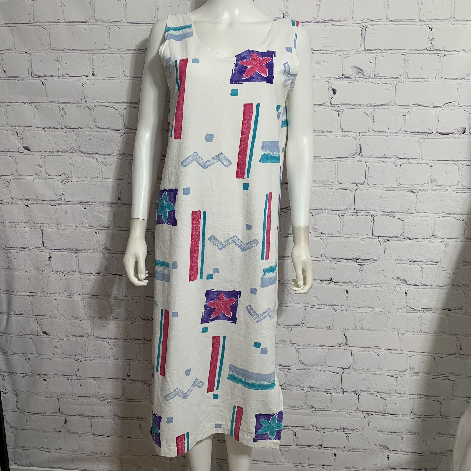 Vintage 80s Women’s Maxi Dress M White Multi Color Floral Geometric Sleeveless
