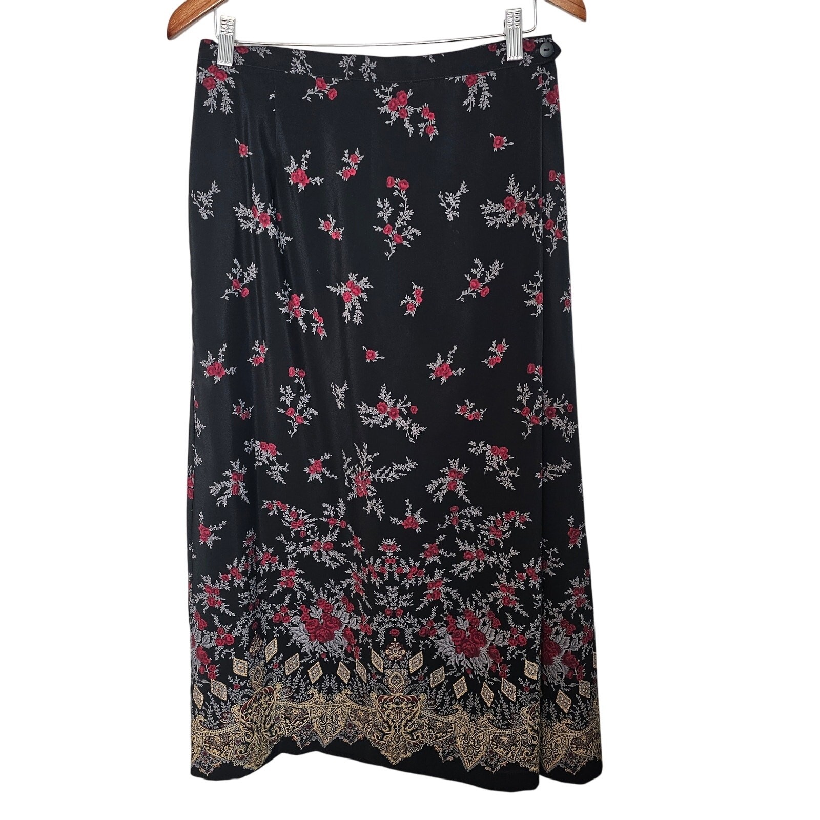 Vintage 90s Designs Lane Bryant Skirt Womens Size 14/16 Black Floral Wrap Midi