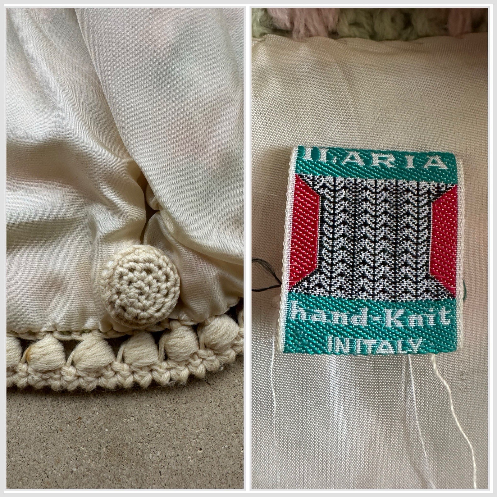 1960s Ilaria Italy Hand Knit Crochet Cardigan Popcorn Stitch Pink Green Sweater
