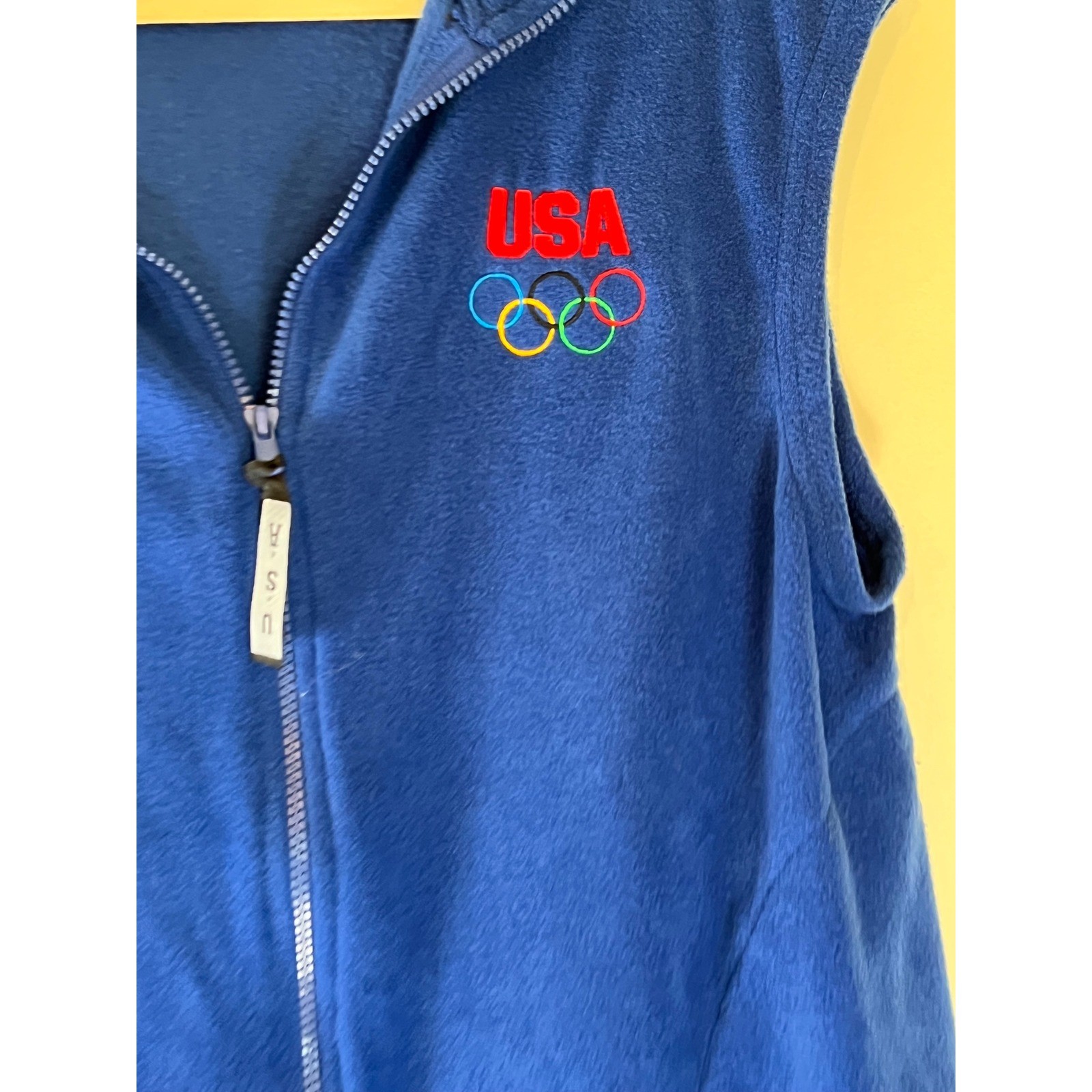 Vintage USA Olympic Fleece Vest Blue Zip Front Embroidered Rings USA