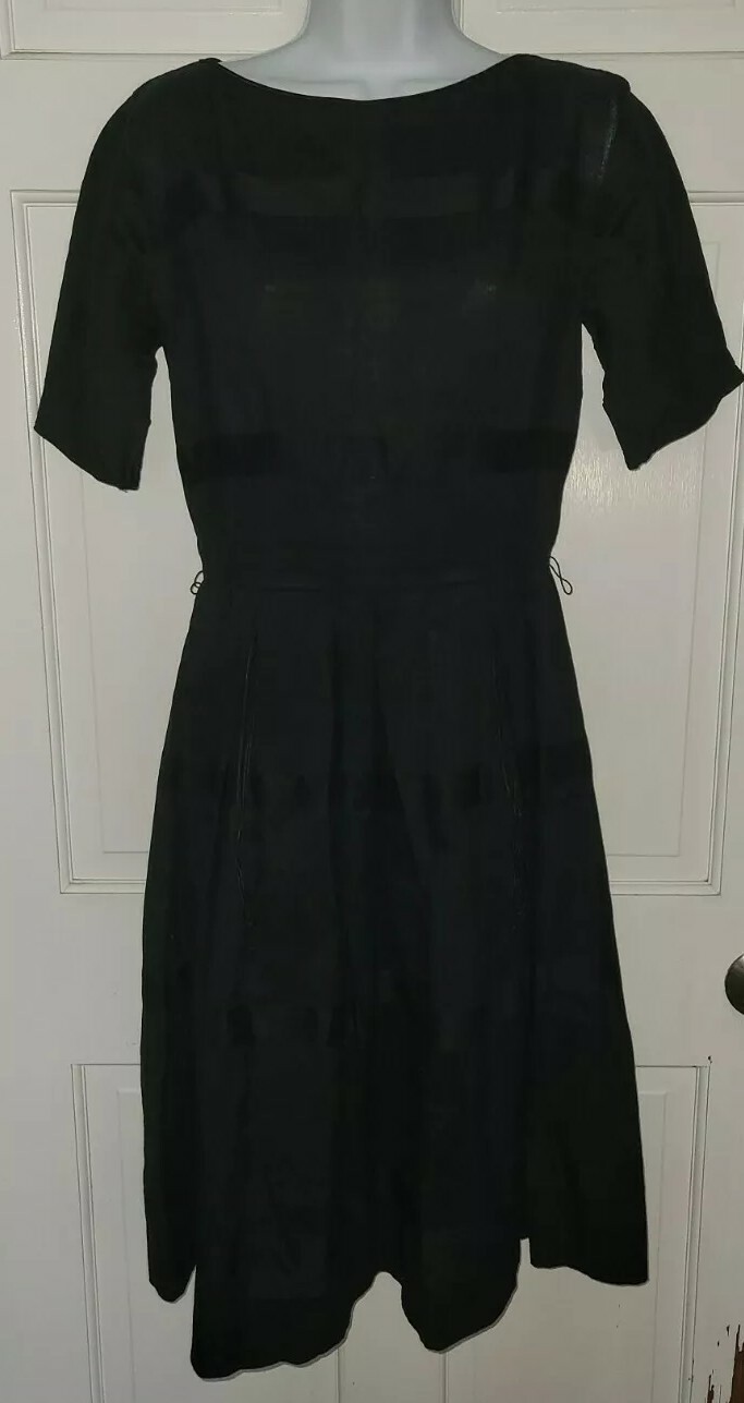 L’AIGLON Black Linen Full pleated pocket Skirt Dress S Vintage 60s