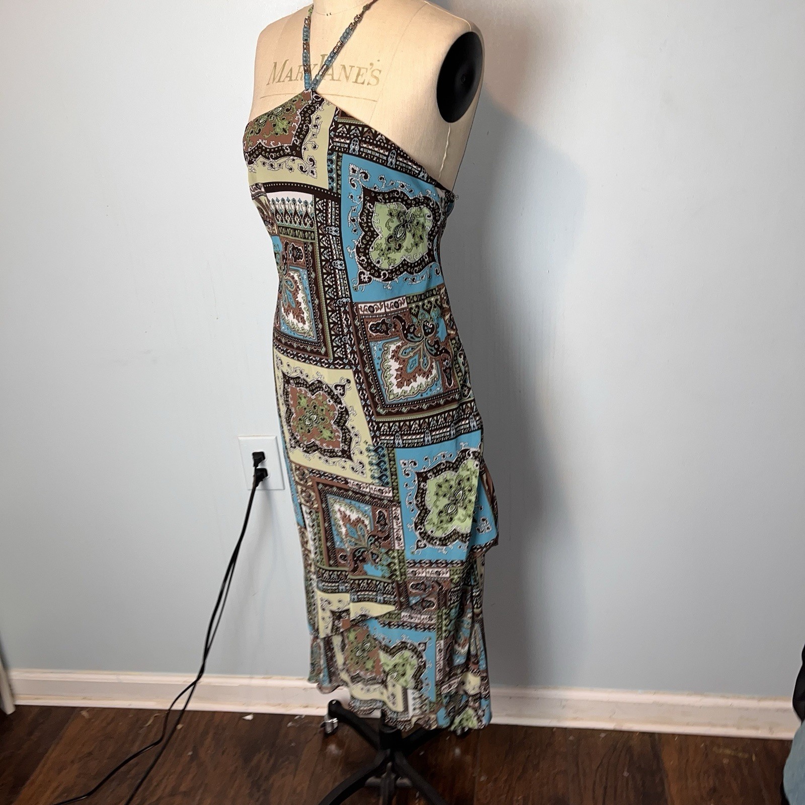 Vtg Y2K Paisley Patchwork Blue Brown Whimsy Fairy Halter Dress Asymmetric Hem 10