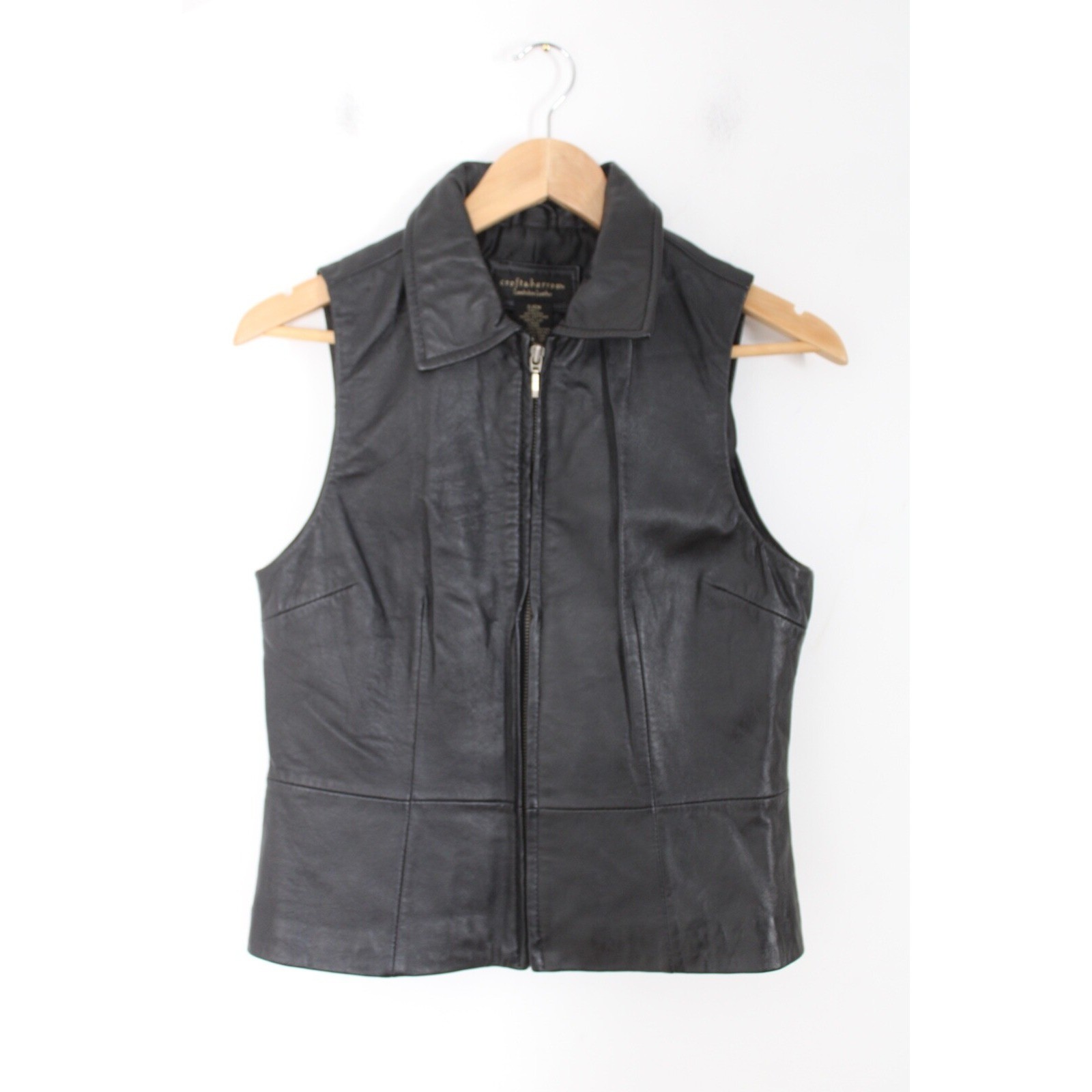 Vtg 90s Croft & Barrow S Black Lambskin Leather Zip-Front Vest