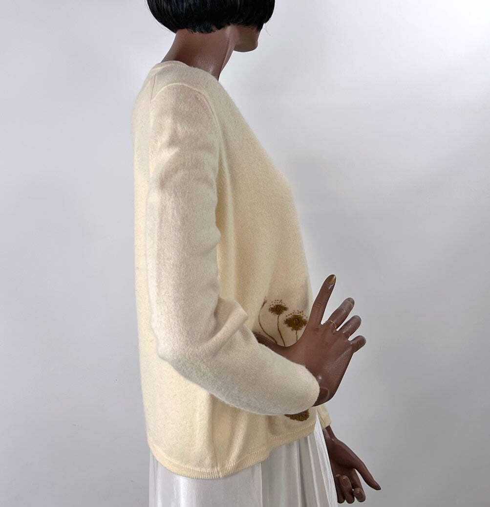 50s Cashmere Cardigan Women’s Sweater 60s Vintage Intarsia Leather Plants