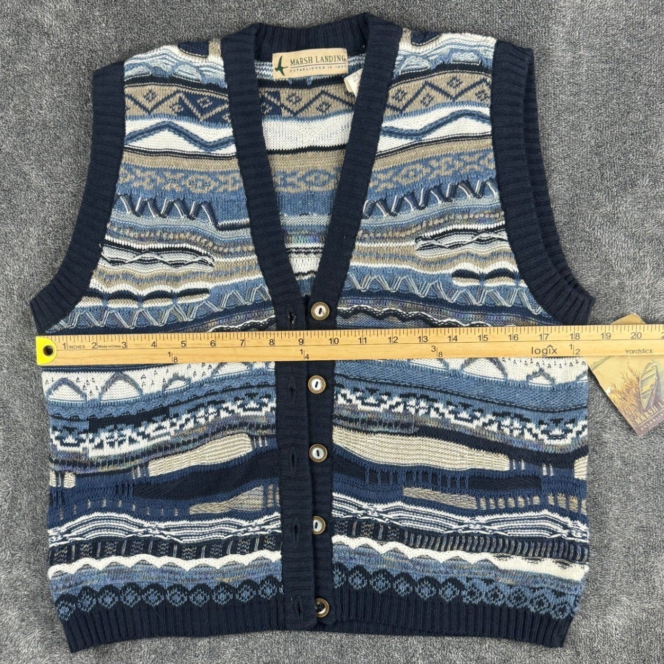 Marsh Landing Vintage 3D Textured Knit Sweater Vest Blue Geometric Womans S NWT