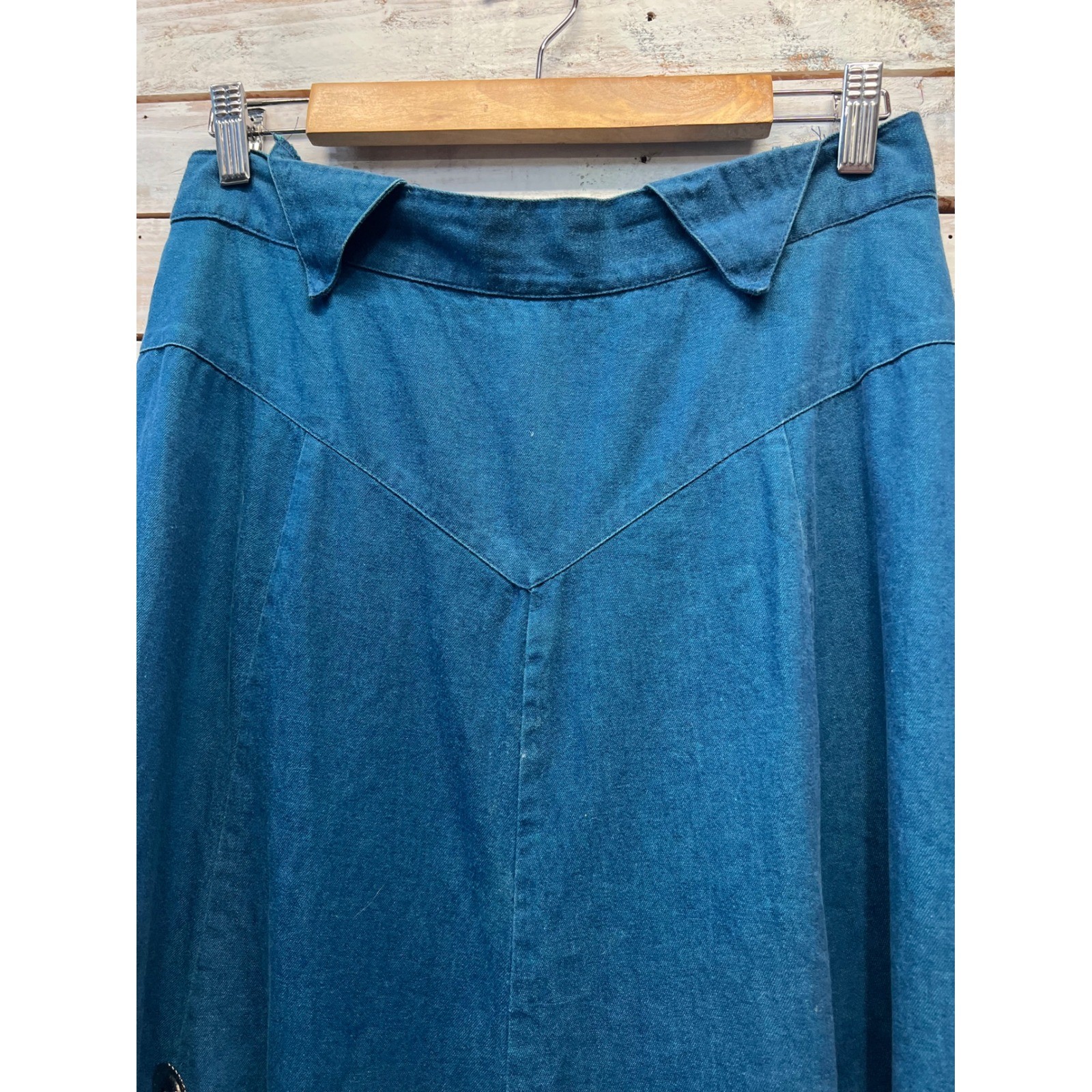 Vintage Blue Cotton Denim Maxi Skirt Western Concho Boho Full Sweep Size 12