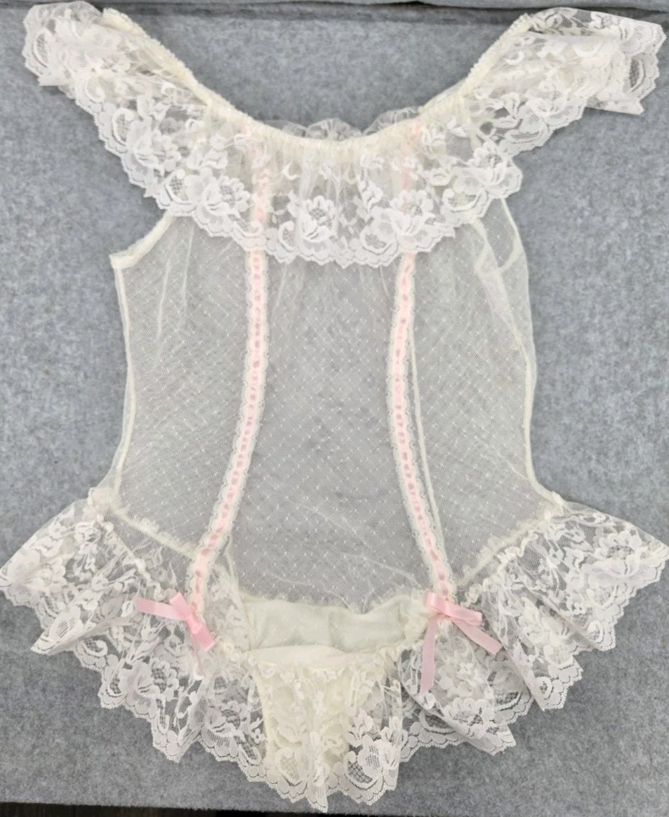 Vintage SHEER Lingerie BODYSUIT Panty FLORAL Lace Tank Top Soft Girl Bow S/M
