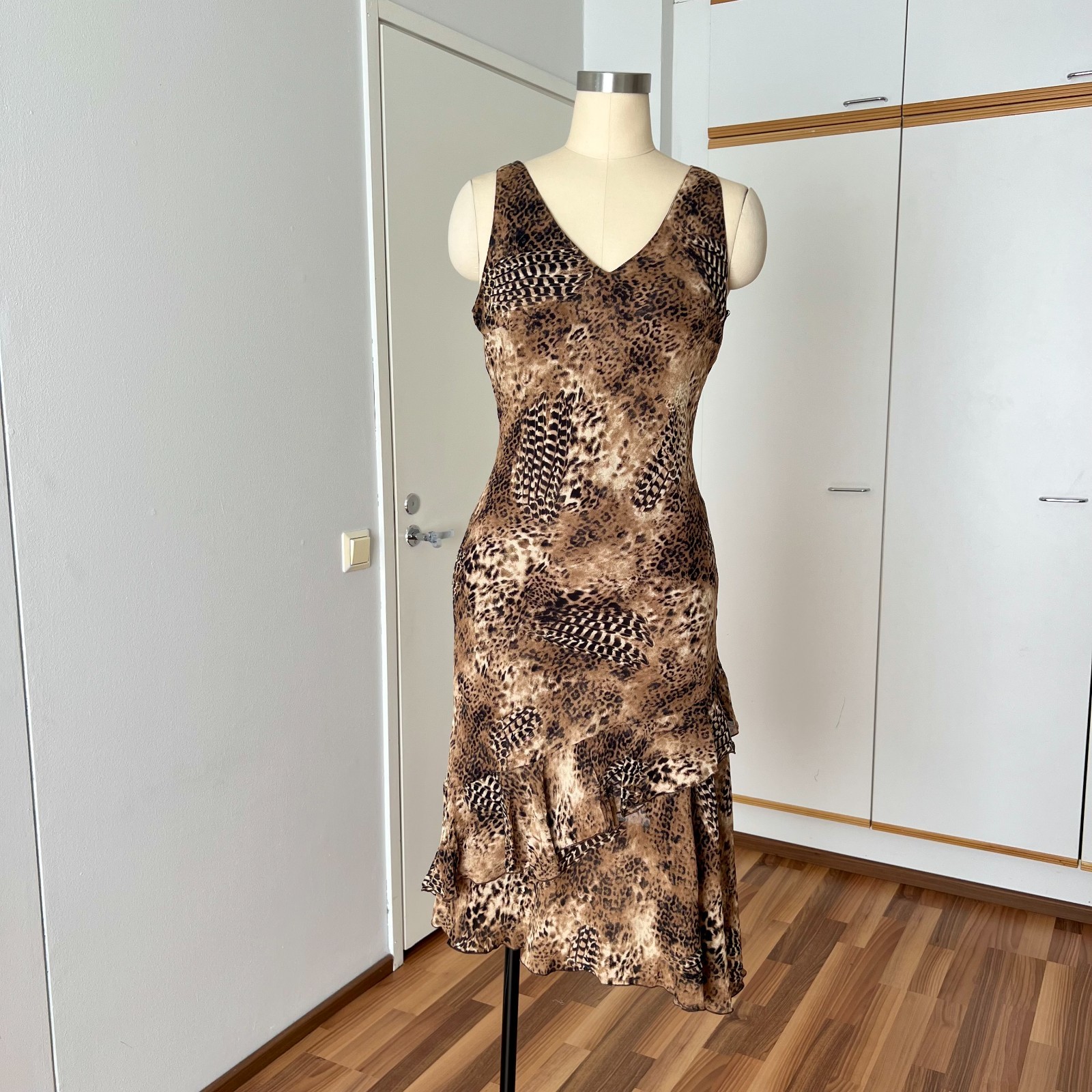 90s Leopard Print Midi Slip Dress Asymmetrical Hem Fairycore Bias Cut Slinky 44
