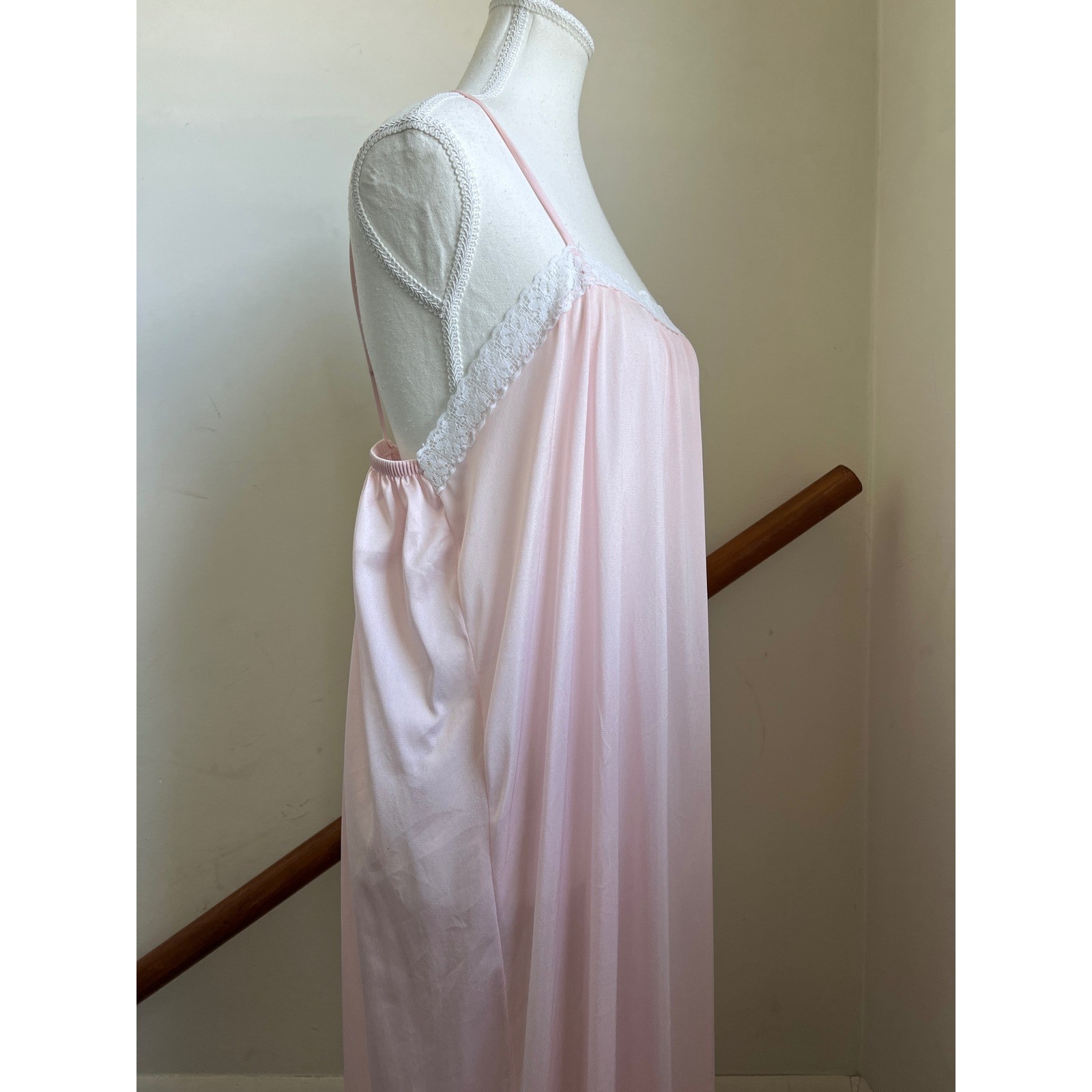 Vintage Nightgown Baby Pink Lace Trim Nylon Maxi Slip Dress 80s Romance Softgirl