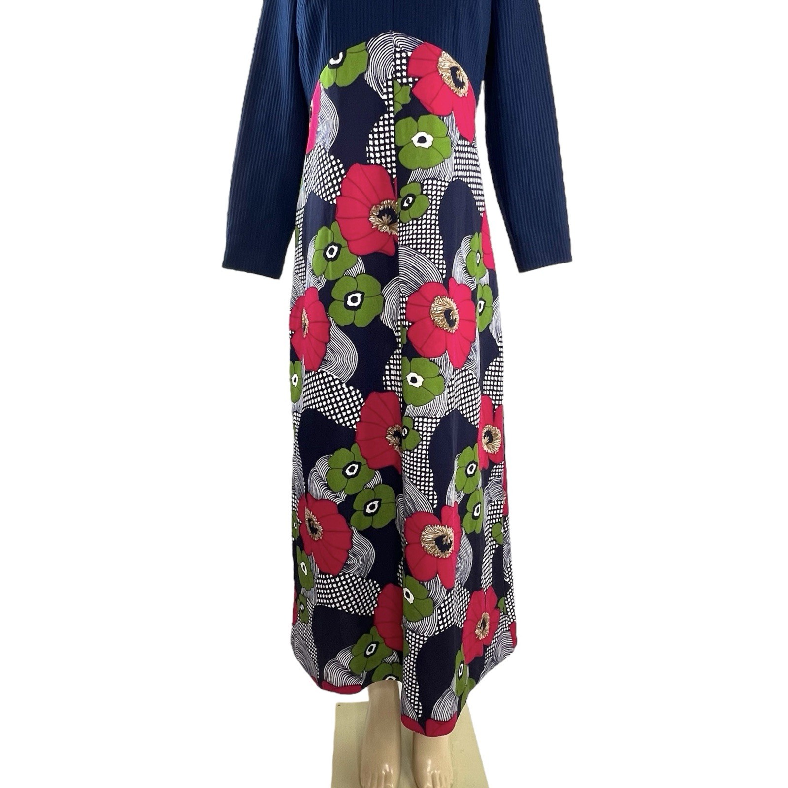 1960s Maxi Dress Vintage Floral Navy Blue Pink Green Hippie Groovy GoGo Eclectic