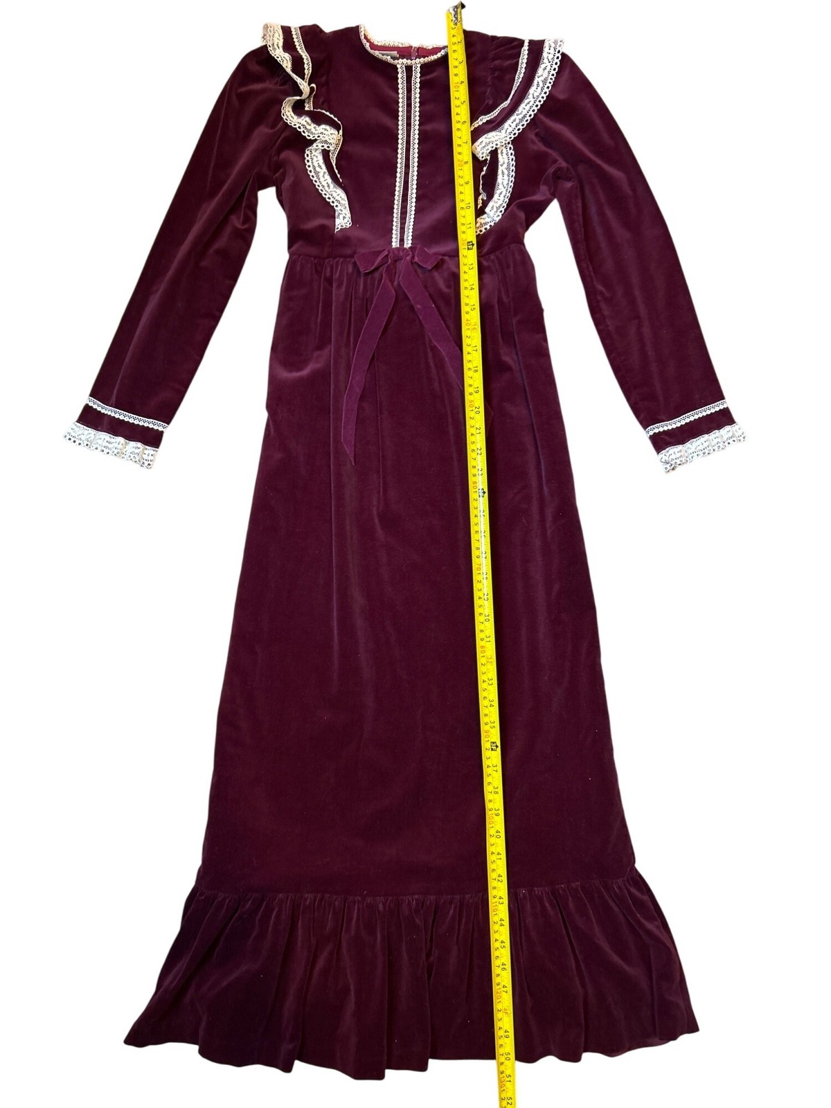 Vintage Burgundy Velvet Prairie Dress Lace Trim & Bow Detail Long Sleeve Ruffle