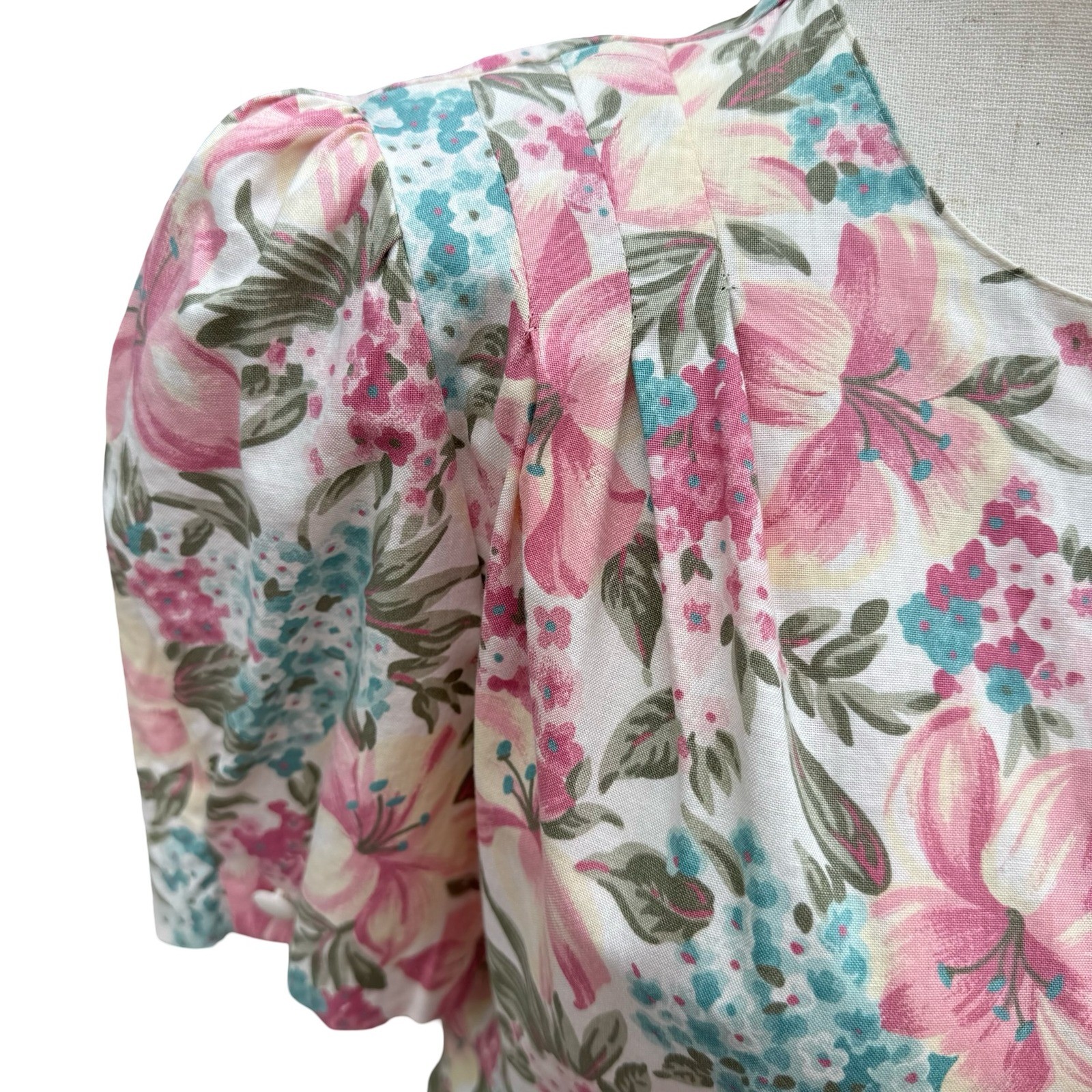 California Looks Vintage 80s Floral Midi Dress Pink Blue Cotton Petite 6P USA