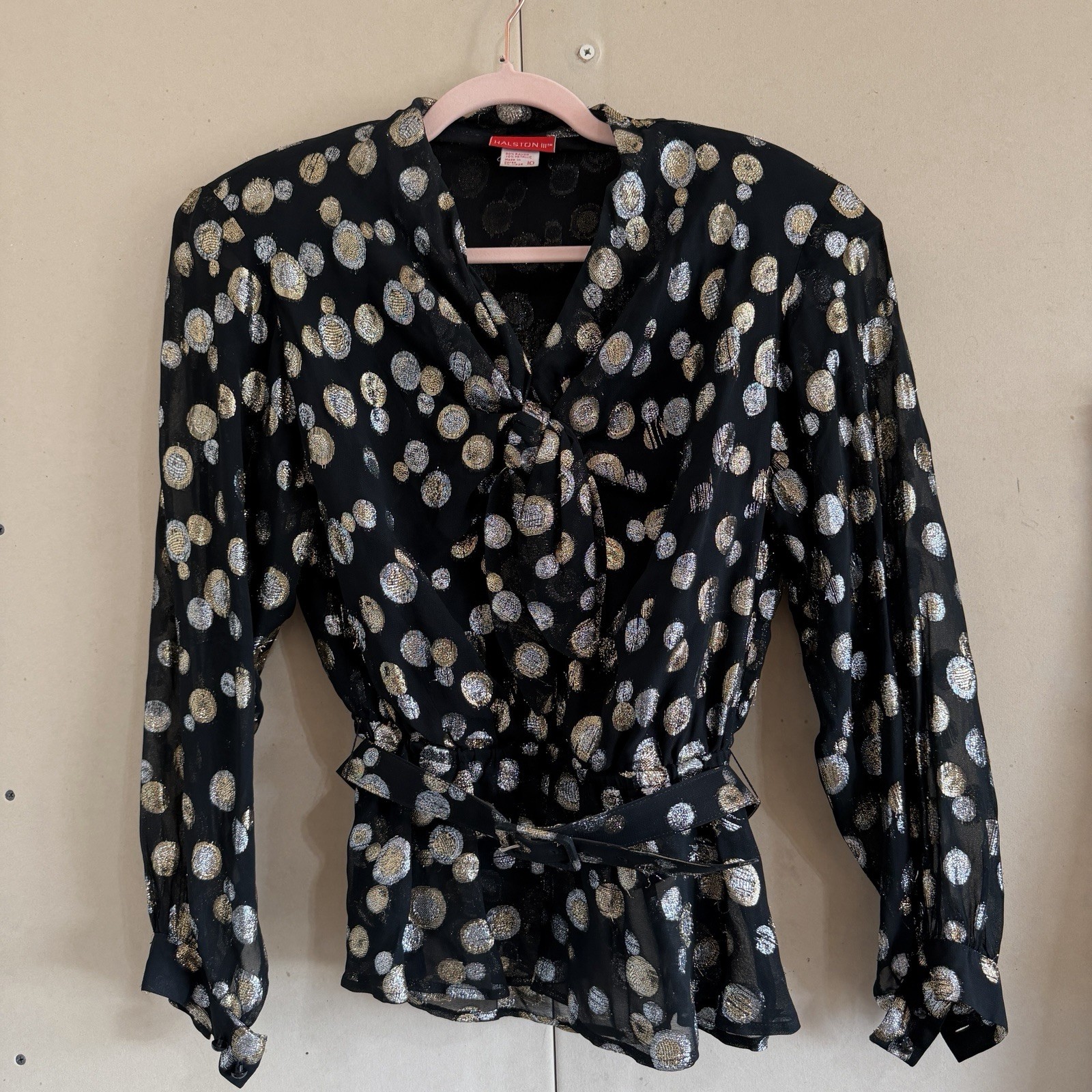 Vintage 80s Halston III Metallic Gold Silver Polka Dot Blouse Skirt Set Sz 10
