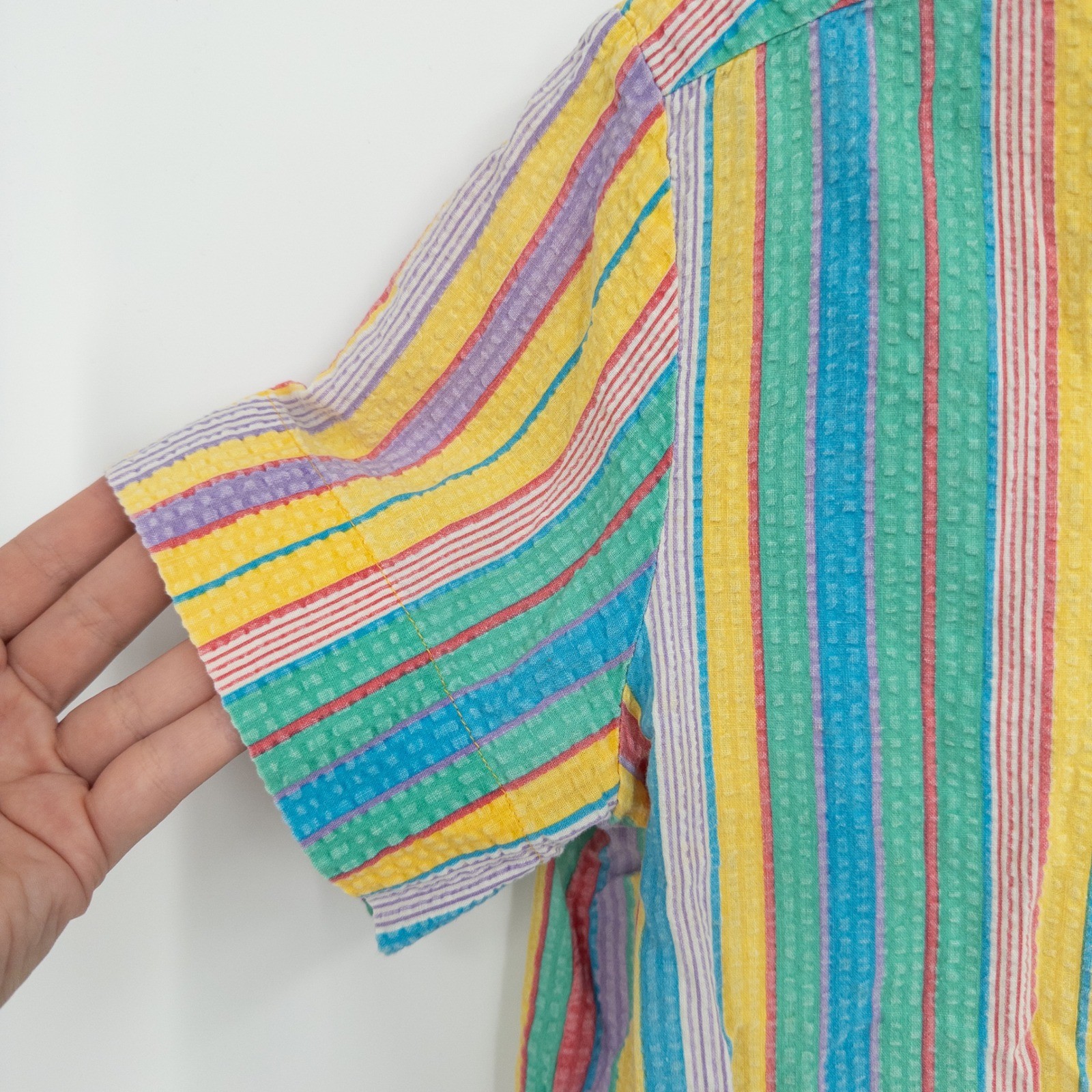 Vintage 90s Rainbow Top Womens XL Seersucker Striped Boxy Cropped Dopamine Color