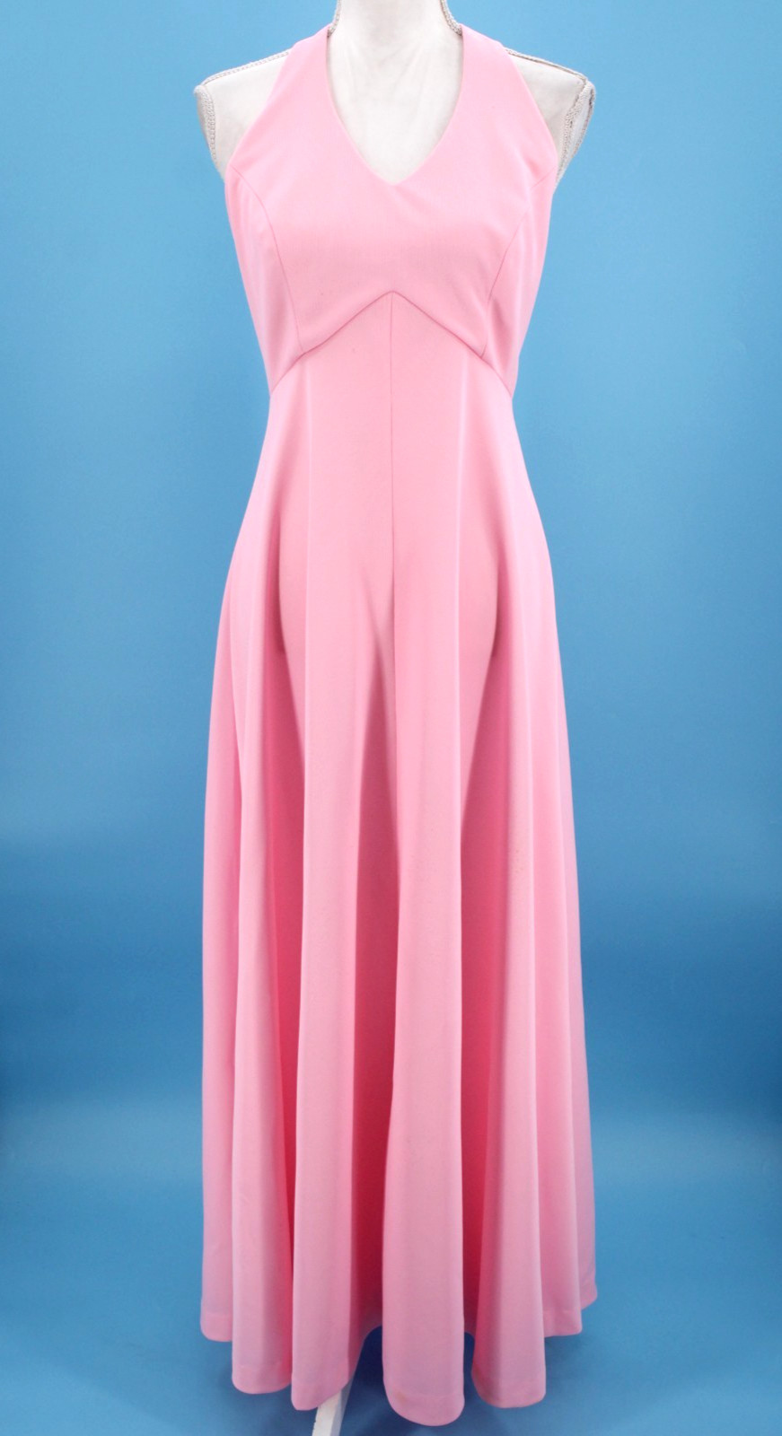 Vtg Women’s 70s Bubblegum Pink Polyester Maxi Dress W/ Halter Top S/M 1970s