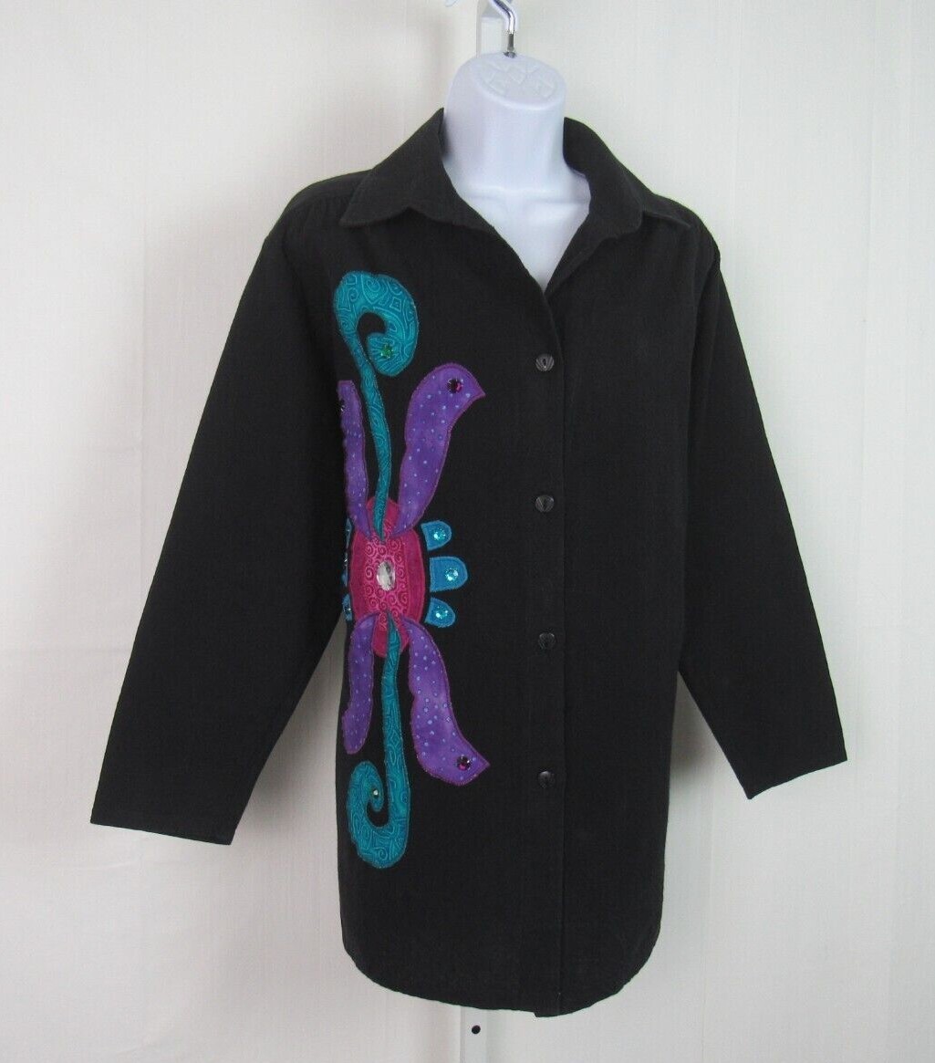 VTG 1970s 80s ALFREDO’S WIFE COTTON BUTTON FRONT SHIRT BLACK ETHNIC PATTERN SM