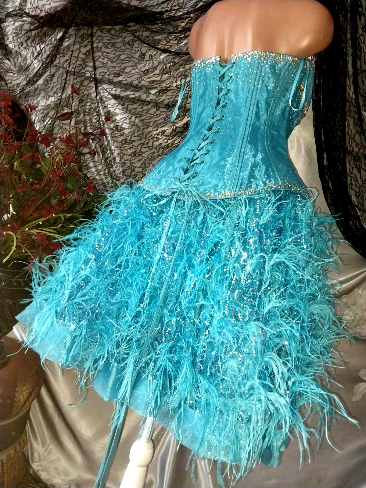 VTG Satin Burlesque Corset SHOW GIRL Skirt Set Drag AVANT La Cage Blue Dress