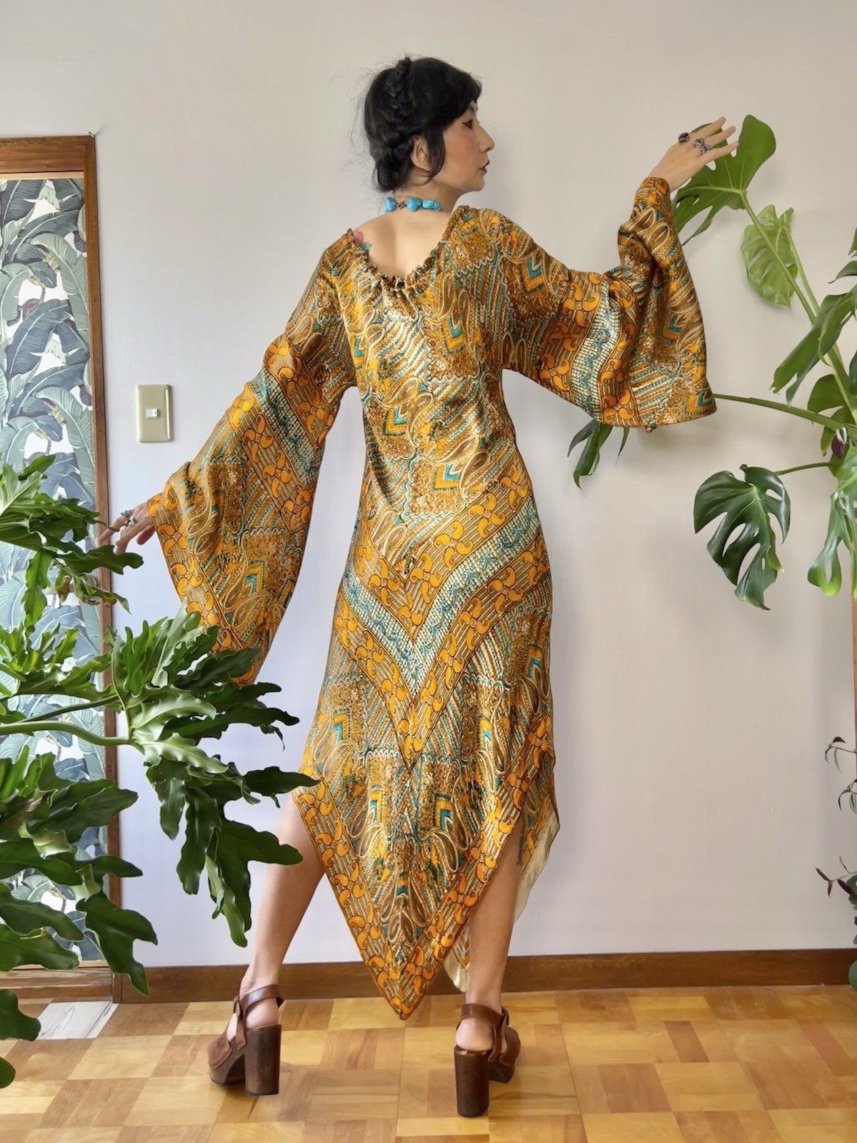 RARE 1960s 70s Psychedelic Chevron Caftan Dress Bias Cut Butterfly Sleeve Boho