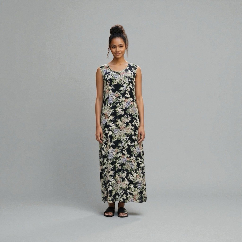 Vintage 90’s Rayon Sheath Maxi Dress Chrysanthemum Print French Connection, M