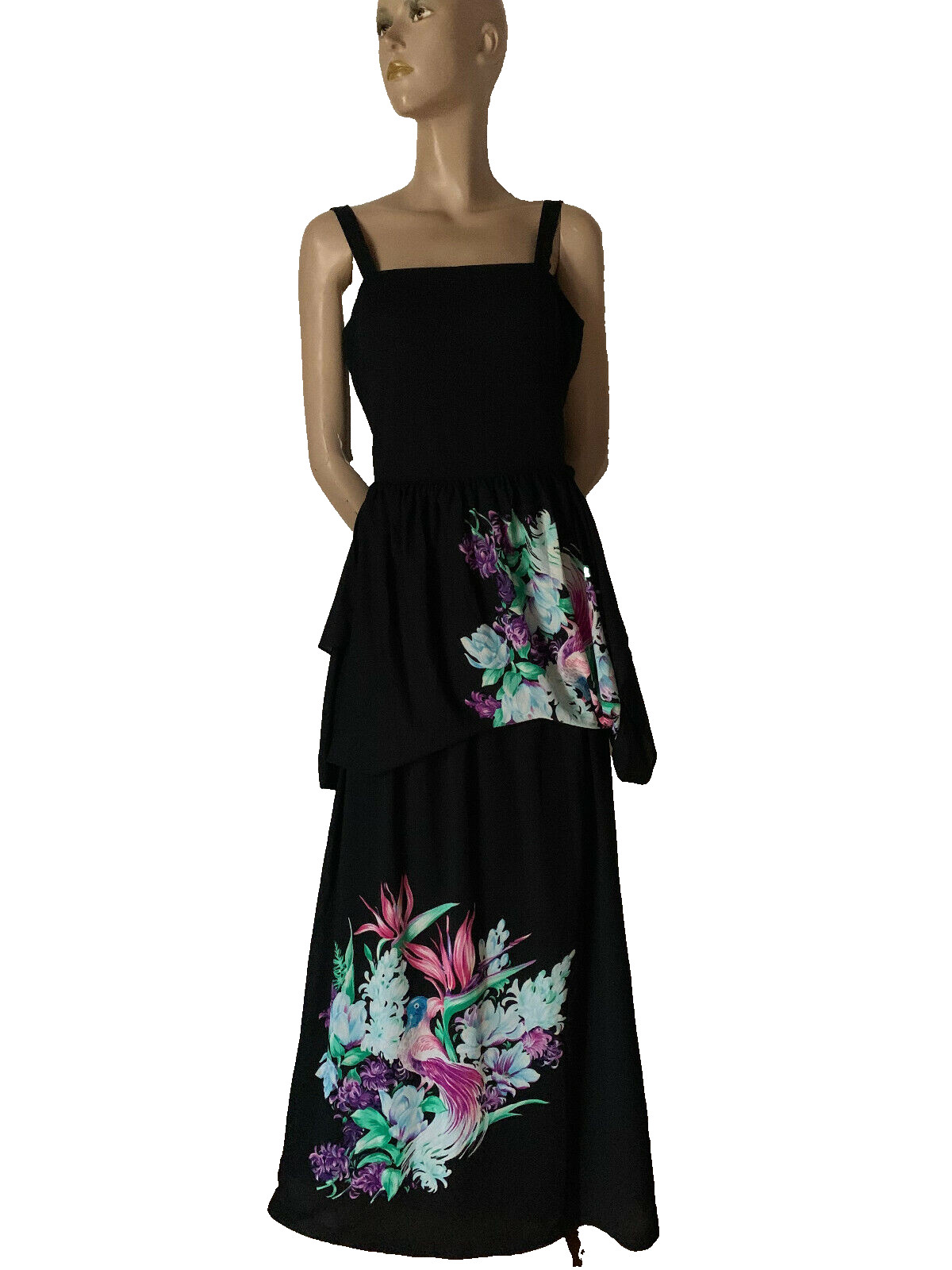 70s Vintage Black Maxi Dress Floral Bird Print Layered Jersey Boho 36 38
