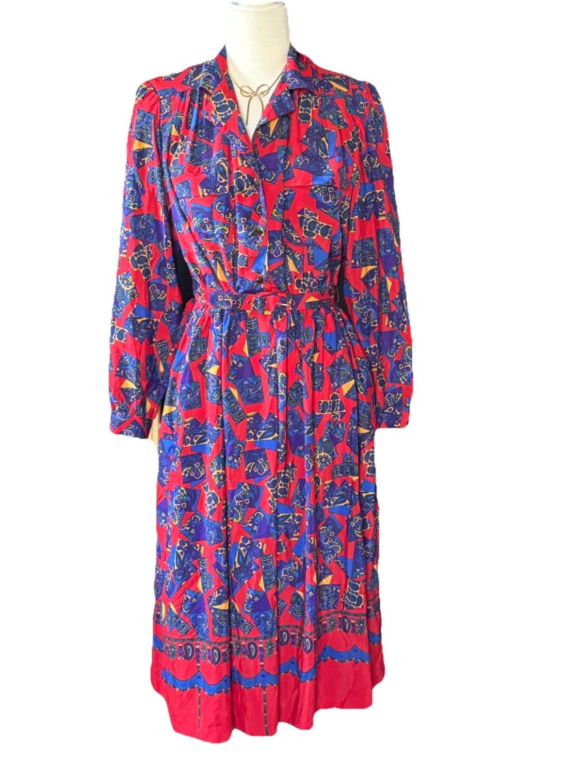Vintage 70s Andrea Gayle Petites Red Blue Paisley Midi Dress w/ Pockets Sz 10