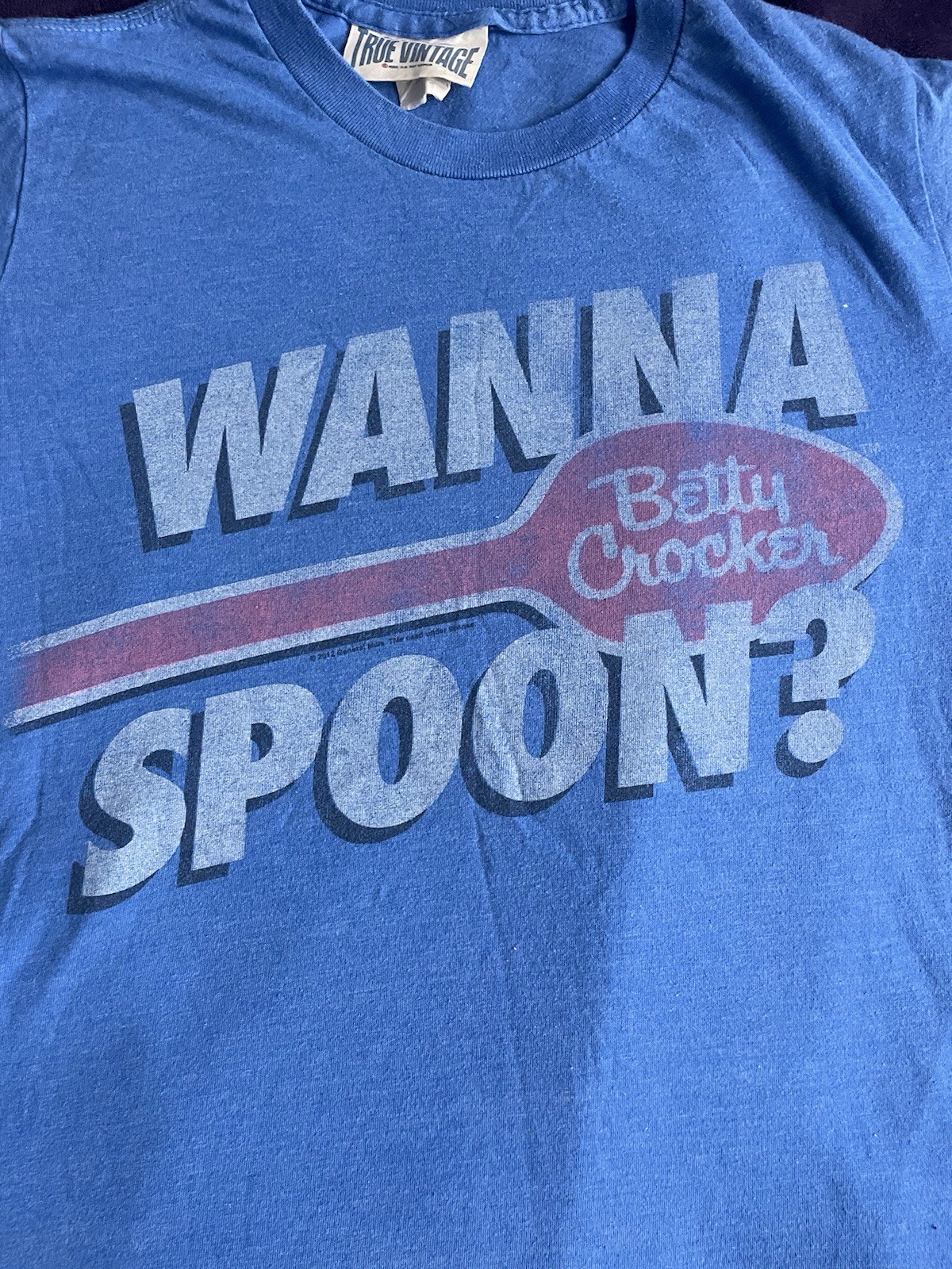 True Vintage Betty Crocker Blue Wanna Spoon Blue Graphic Tshirt Size Small