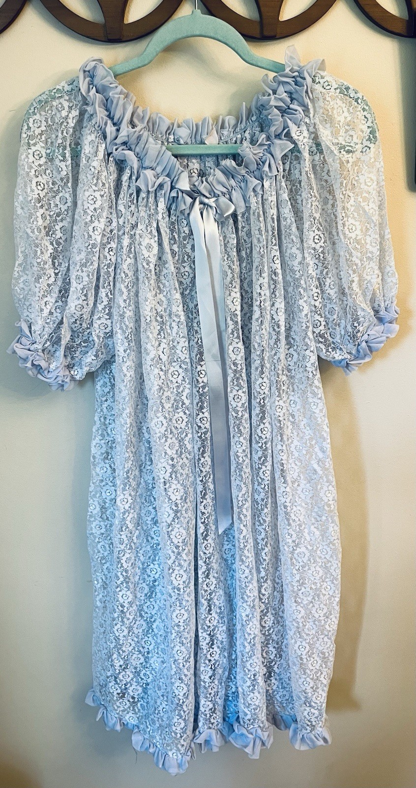 VTG Lace Ruffle Sheer Peignoir Nightgown Baby Blue USA Satin Ribbon Size S ILGWU