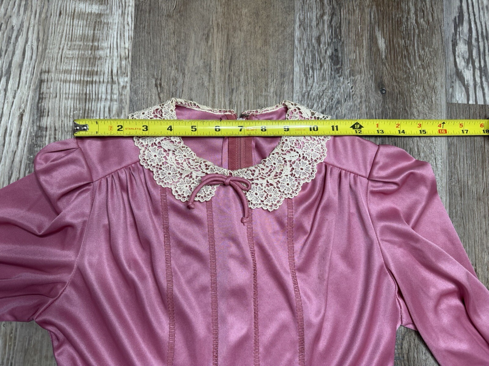 1970s Soft Pink Modest Prairie Dress Empire Waist Pleated Skirt Small Lace