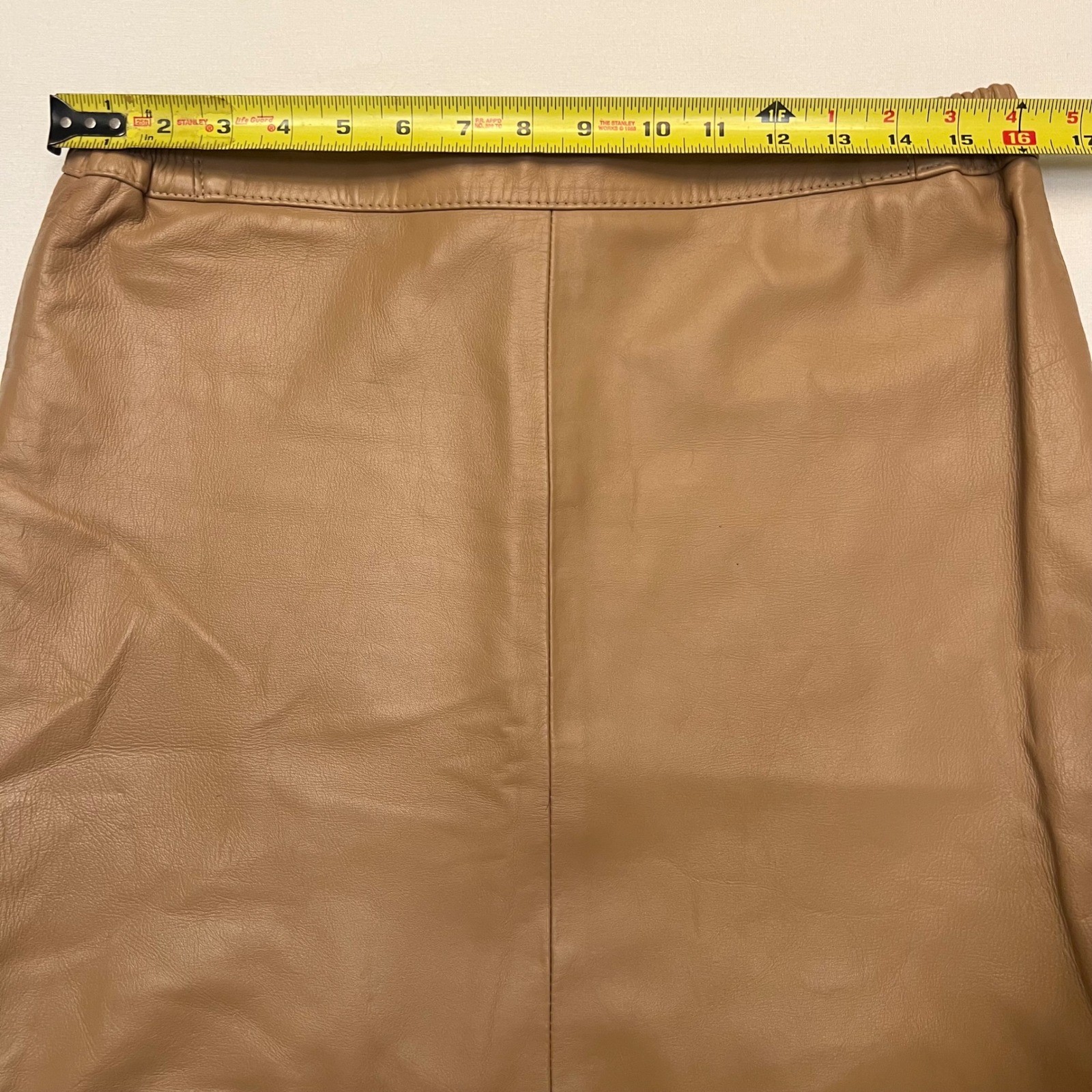 Vintage Genuine Leather Pleated Suede Trim Neutral Tan Western Boho Skirt Size L