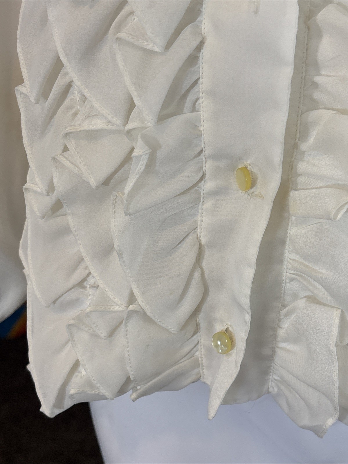 VTG 70s Women’s White Cropped Ruffle Shirt ALADDIN 36/16 Longsleeve Button Sheer