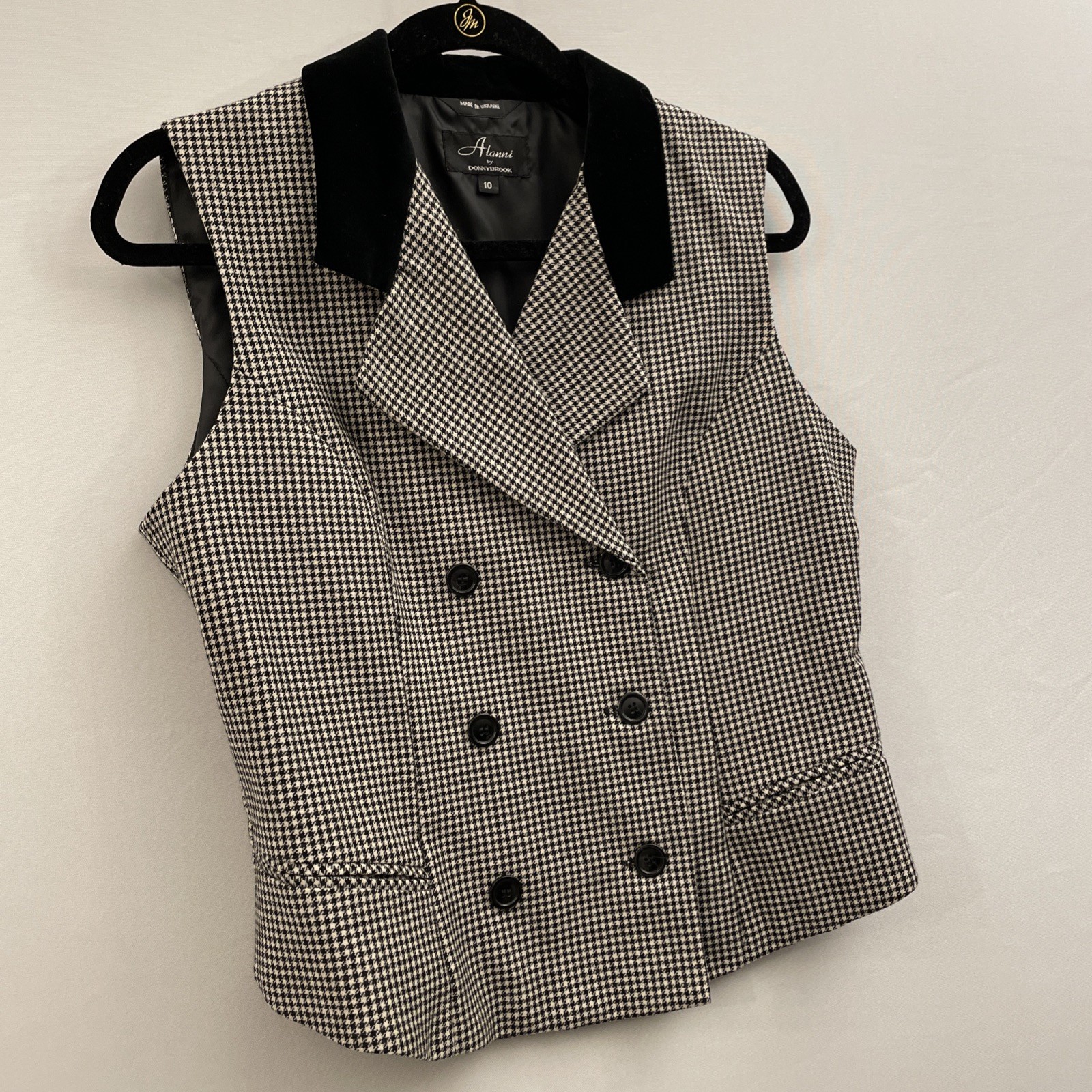 Vtg Alanni by Donnybrook Vest Dbl Breasted Wool Houndstooth Black Velvet Collar