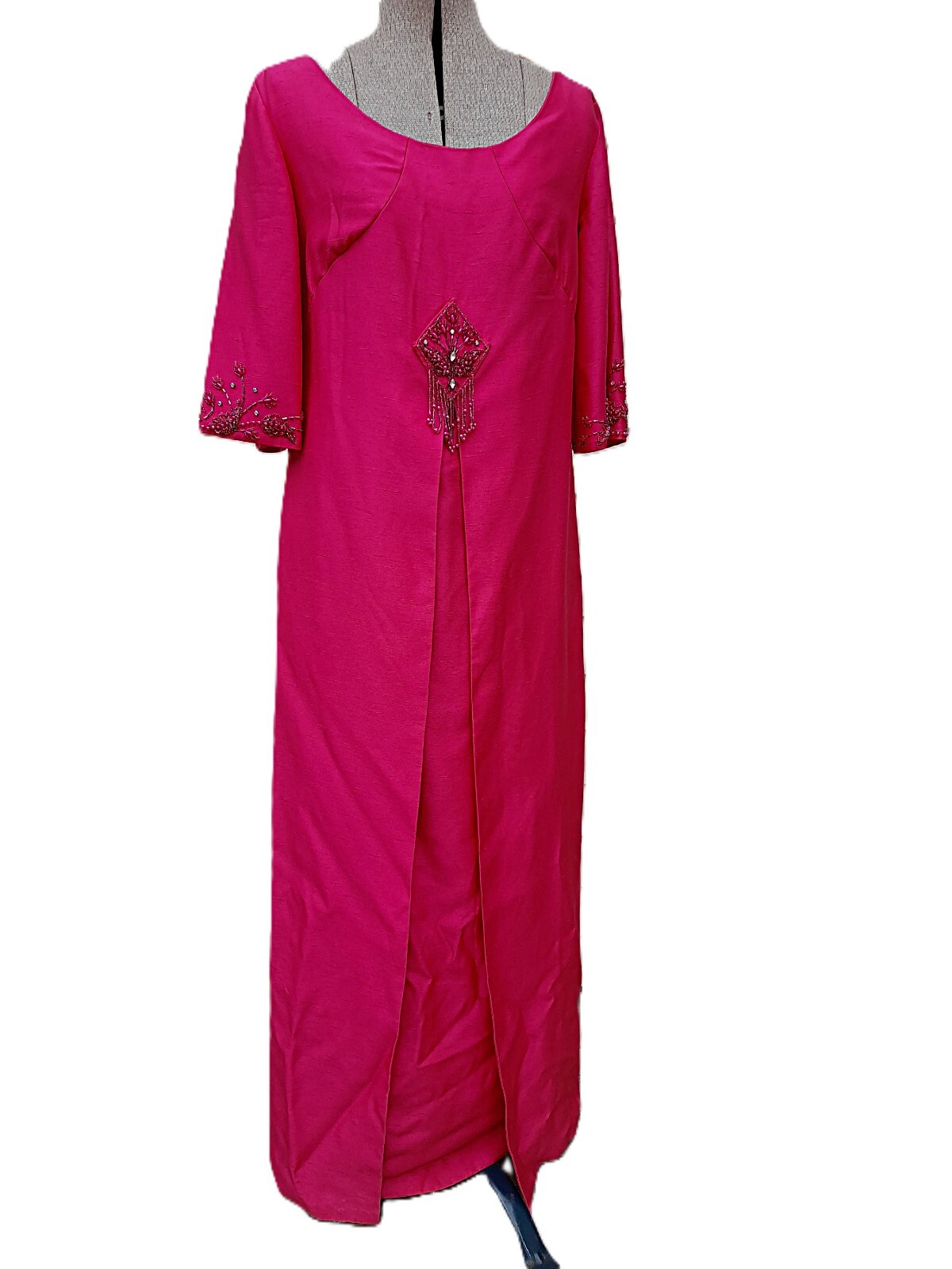 Vintage 60s Hostess Dress Fuchsia Pink Beaded Maxi Party Gown 38″ Bust