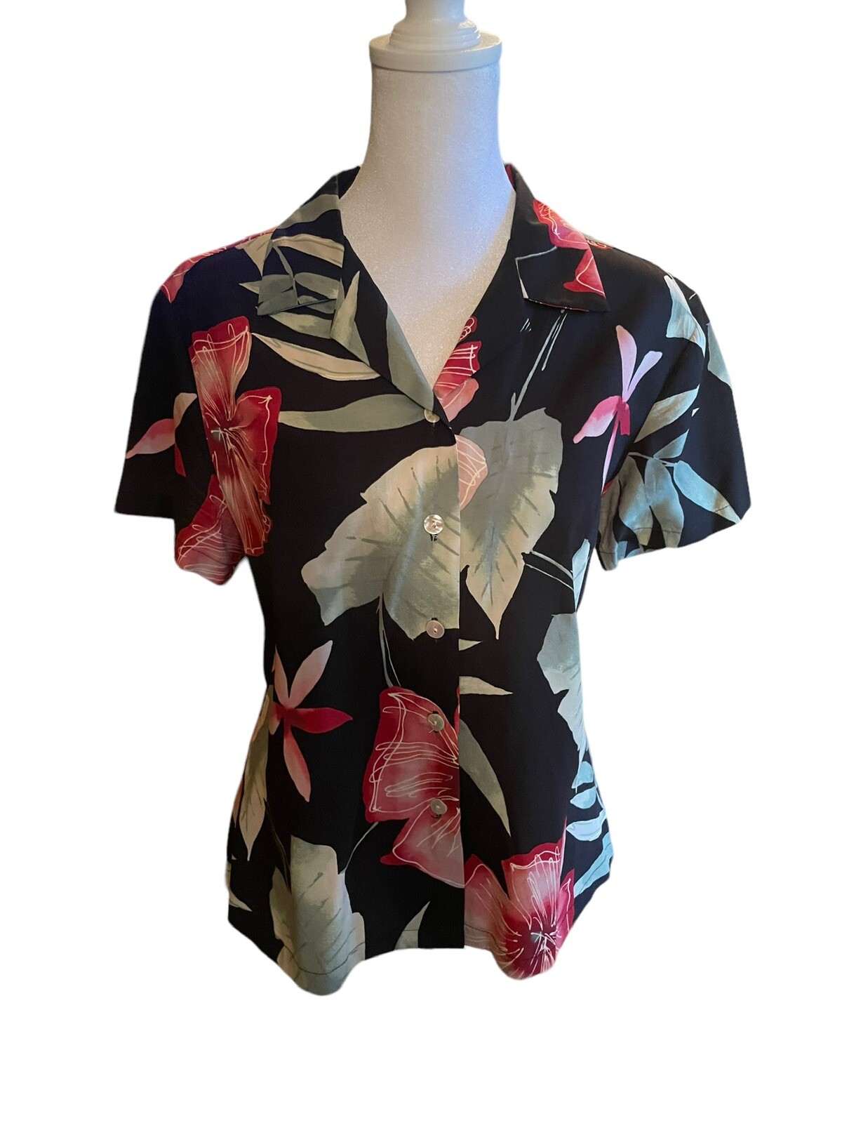 Vintage Nani of Hawaii Long Skirt Camp Shirt Set Small Tropical Black Floral