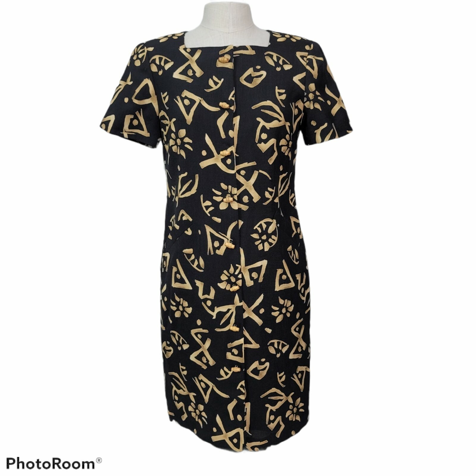 Vintage 90s Kasper ASL Womens 4P Black Tan Tribal Geo Sheath Dress Career Casual