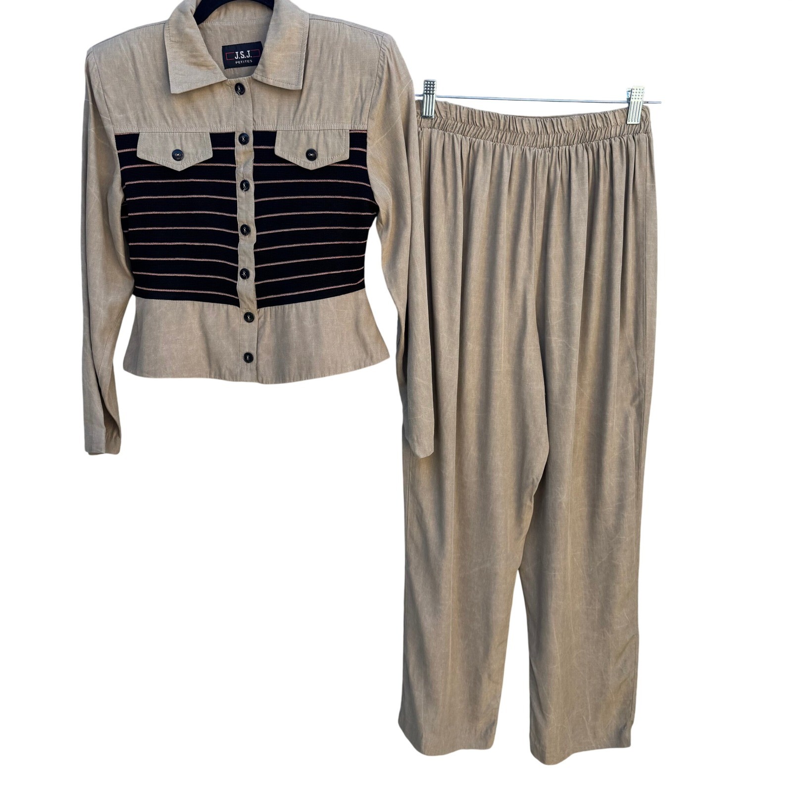JSJ Petites Vintage 90s Mixed Media Pant Set Tan Striped Minimalist Officecore S