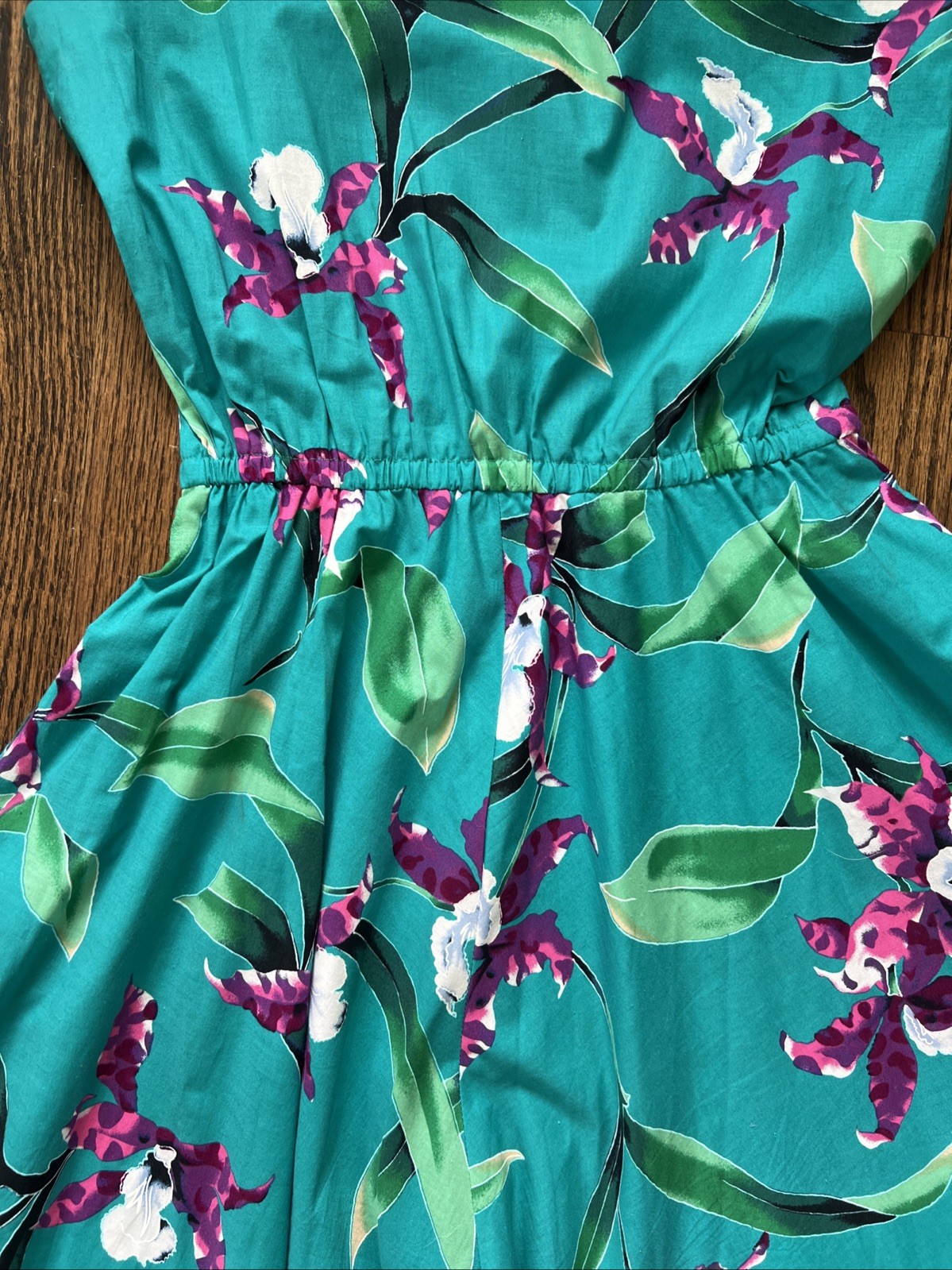 1980s Handmade One Shoulder Hawaiian Dress Teal W/Purple Orchid Flowers Size Sm