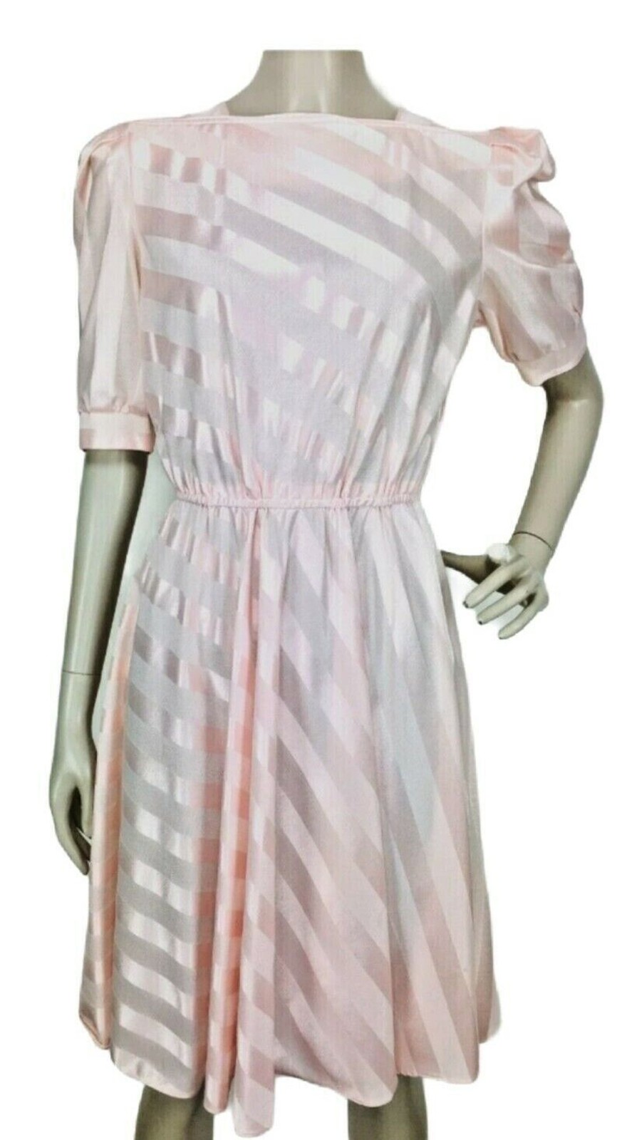 Vintage 80s Does 50s Jenny Petites Pink Candy Striped Puff Sleeve Dress XS/S/M