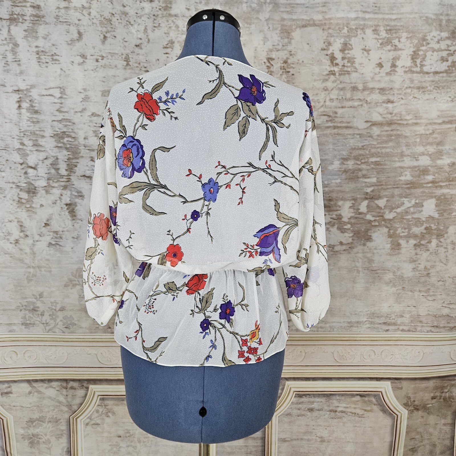Vintage Sheer Blouse Small Floral Top Peplum 3/4 Sleeves Purple Red Ivory 1970s