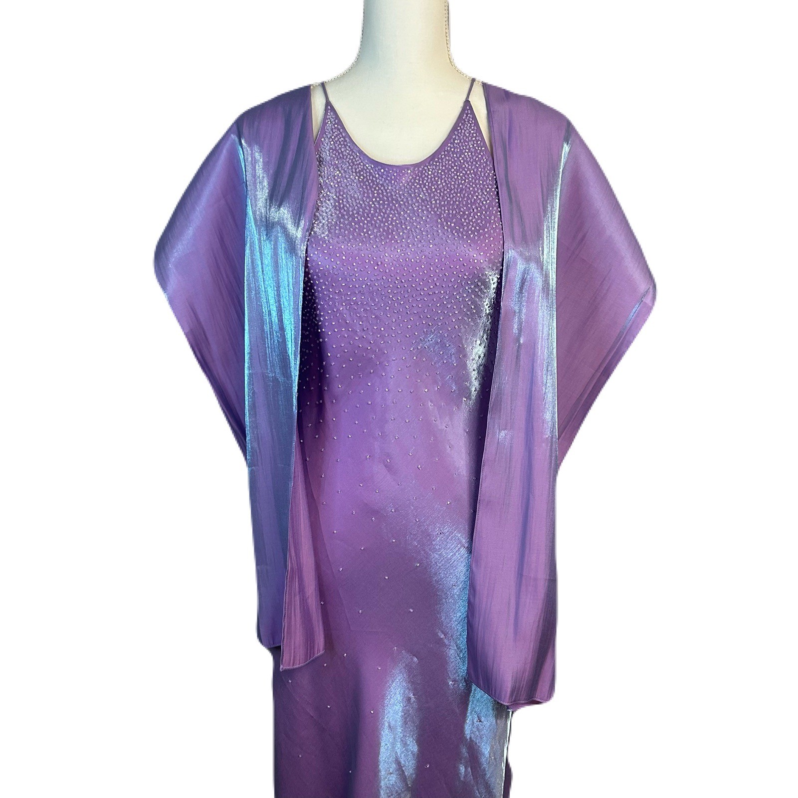 Vtg Chelsea Nites Iridescent Purple Formal Gown Beaded With Shawl Size 12 Prom