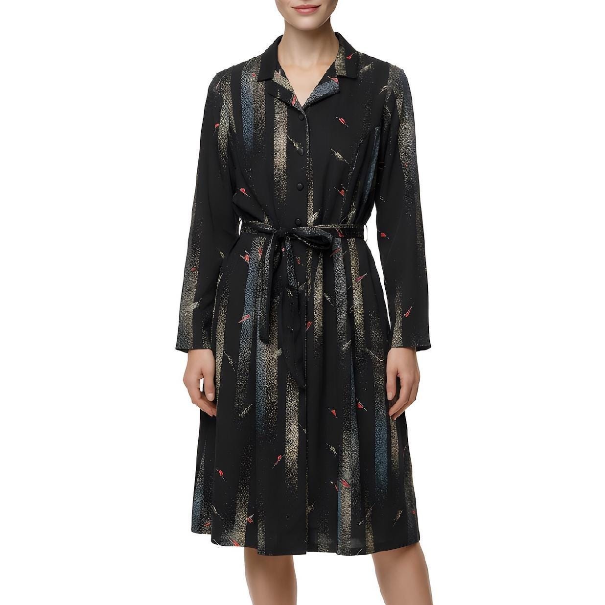 Vintage 80s Abstract Print Shirt Dress, Belted A-Line Midi, Size L