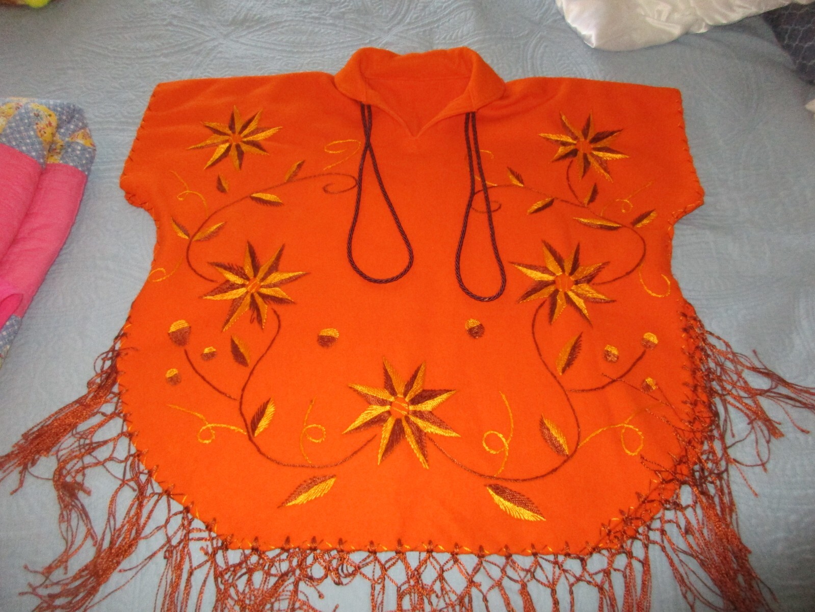 Vintage Boho Embroidered Orange Wool Felt Poncho Cape 1960’s 70″s