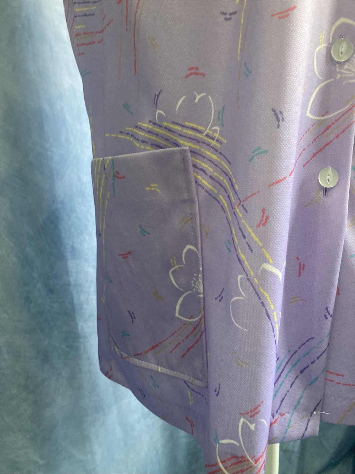 Vintage 70s Purple Abstract Floral Smock Blouse Sleeveless Polyester GUC Size L