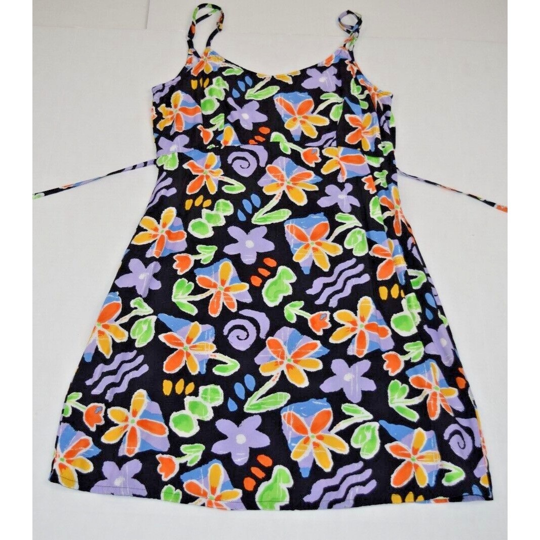 Vintage Sundress Size S/M 80s Black Orange Green Purple Floral Pop Art Rayon