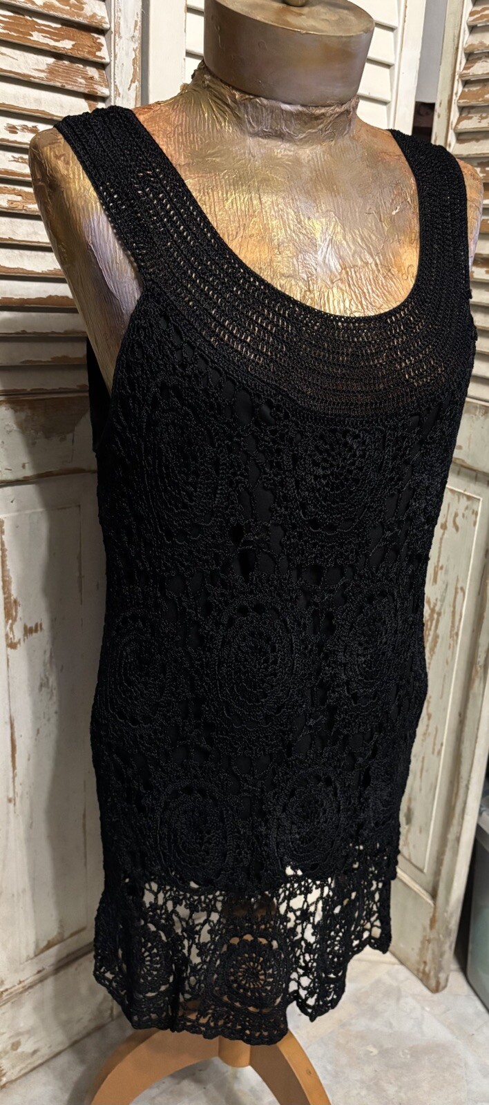 VTG Kroshetta by Papillon Black Floral Crochet Lined Tunic Top L Cruise Wear