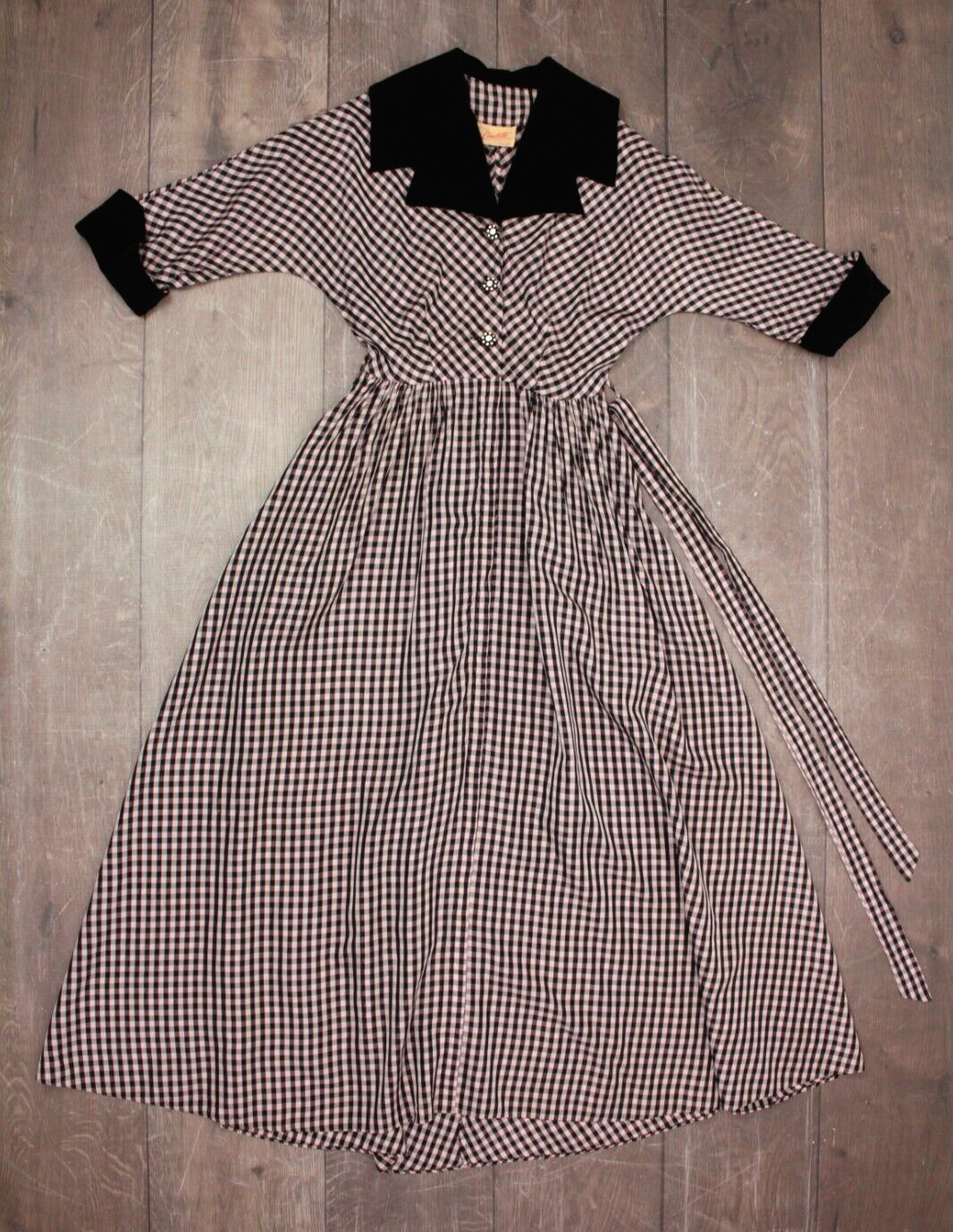 Vtg Womens 40s Black & Pink Checked Gown W/ Velvet Trim XS/S 1940s Taffeta Dress